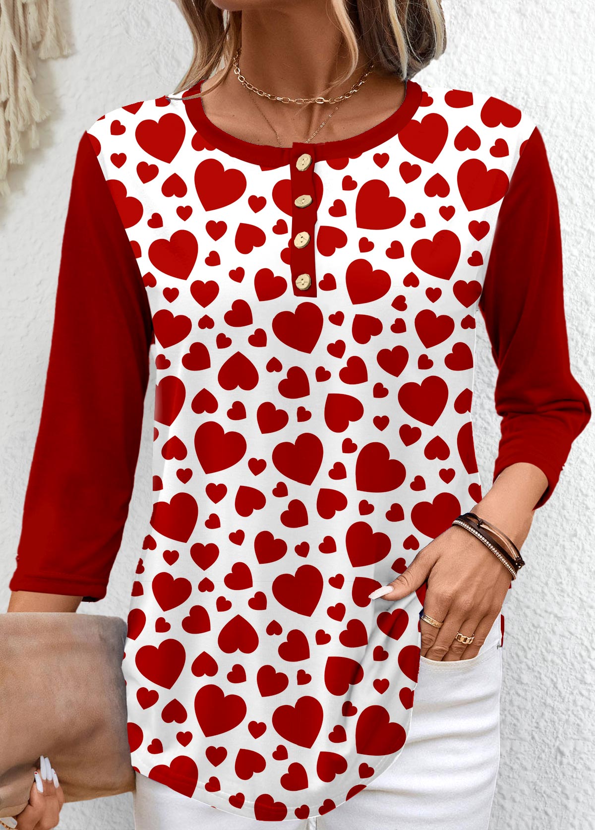 Heart Print Button Wine Red T Shirt