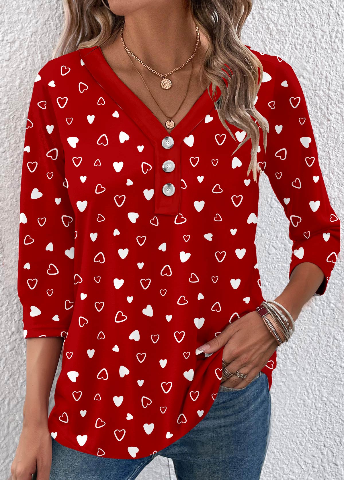 Valentine's Day Heart Print Button Red T Shirt