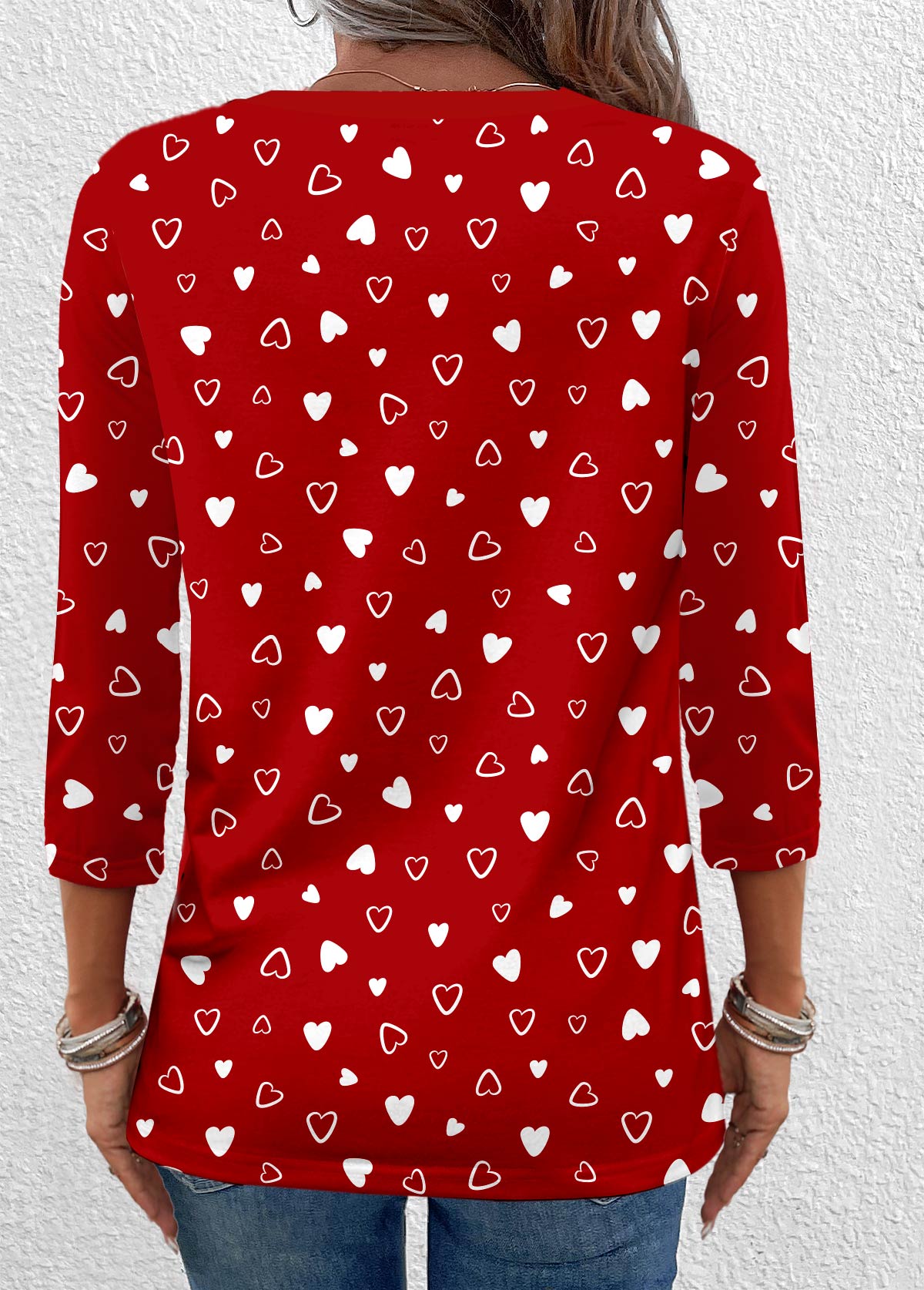 Valentine's Day Heart Print Button Red T Shirt