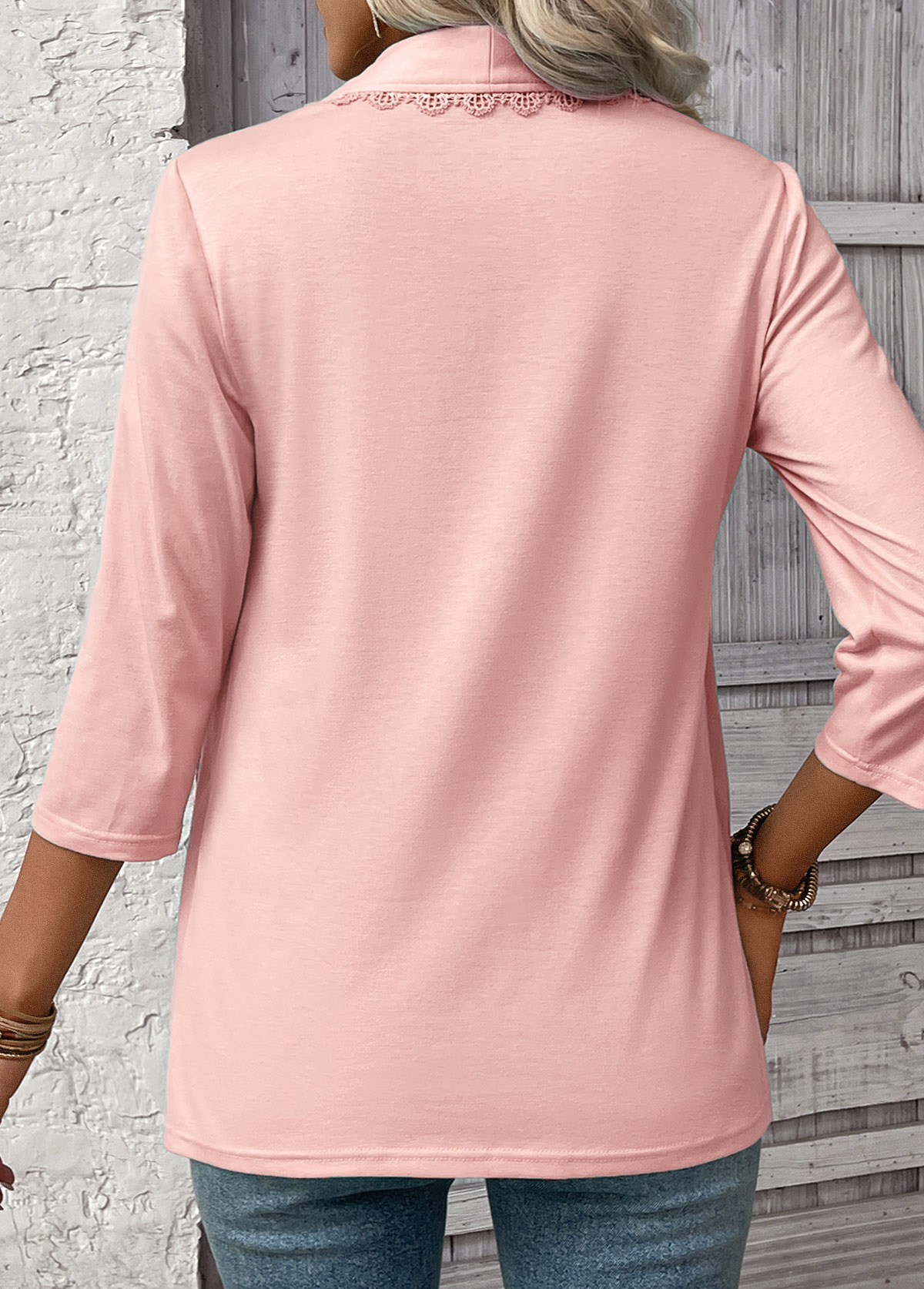 Fake 2in1 Light Pink 3/4 Sleeve T Shirt