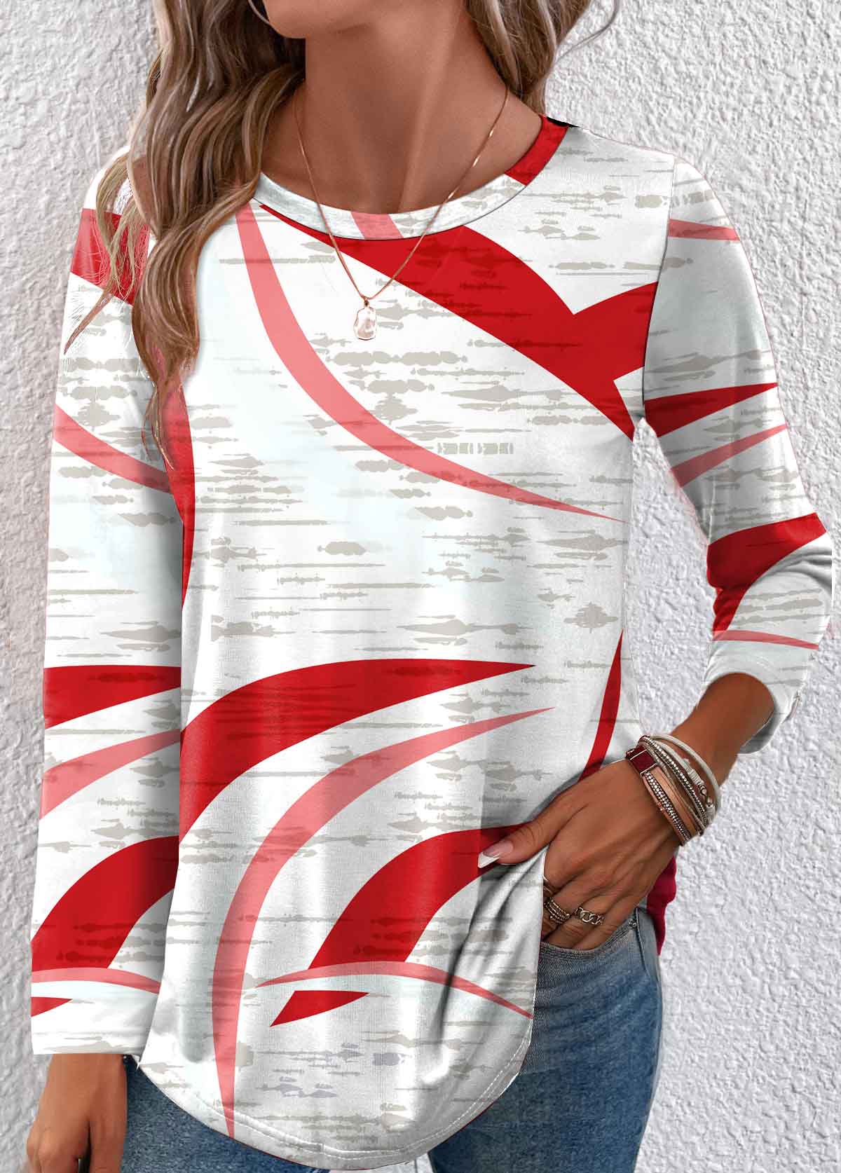 Geometric Print Lightweight Red Long Sleeve T Shirt