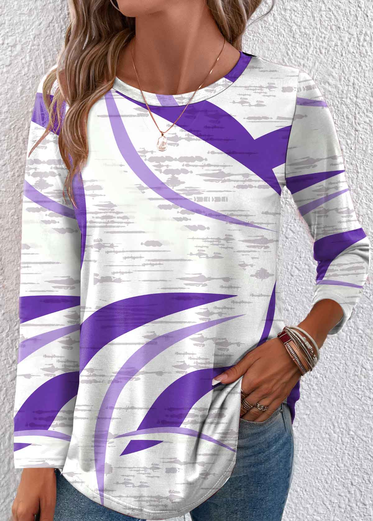 Geometric Print Lightweight Purple Long Sleeve T Shirt