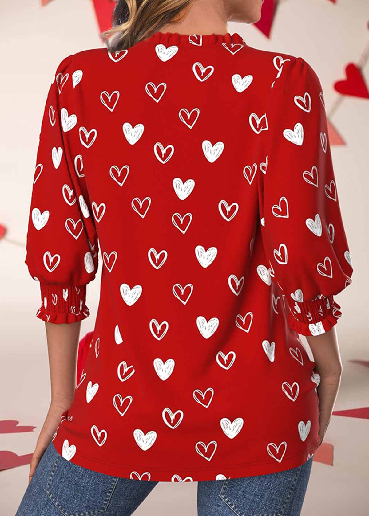 Valentine's Day Smocked Red 3/4 Sleeve Split Neck Blouse