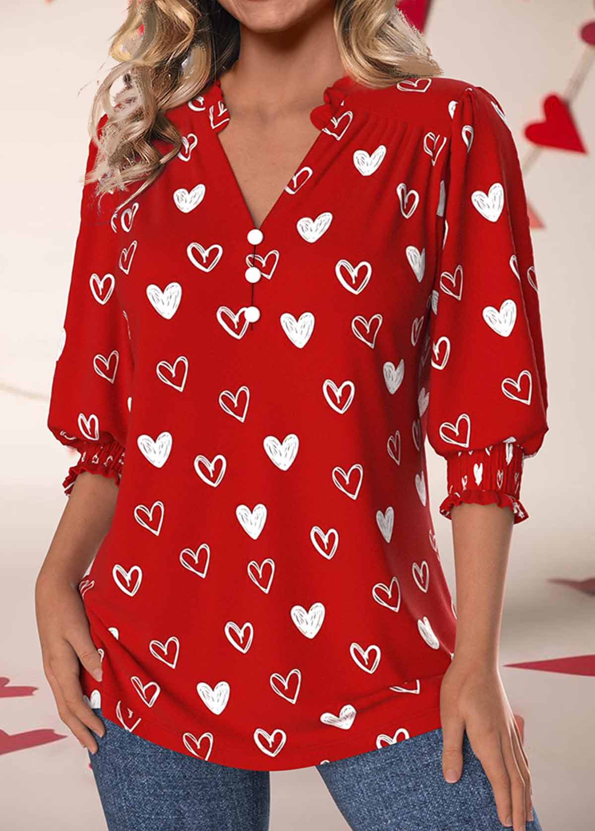 Valentine's Day Smocked Red 3/4 Sleeve Split Neck Blouse