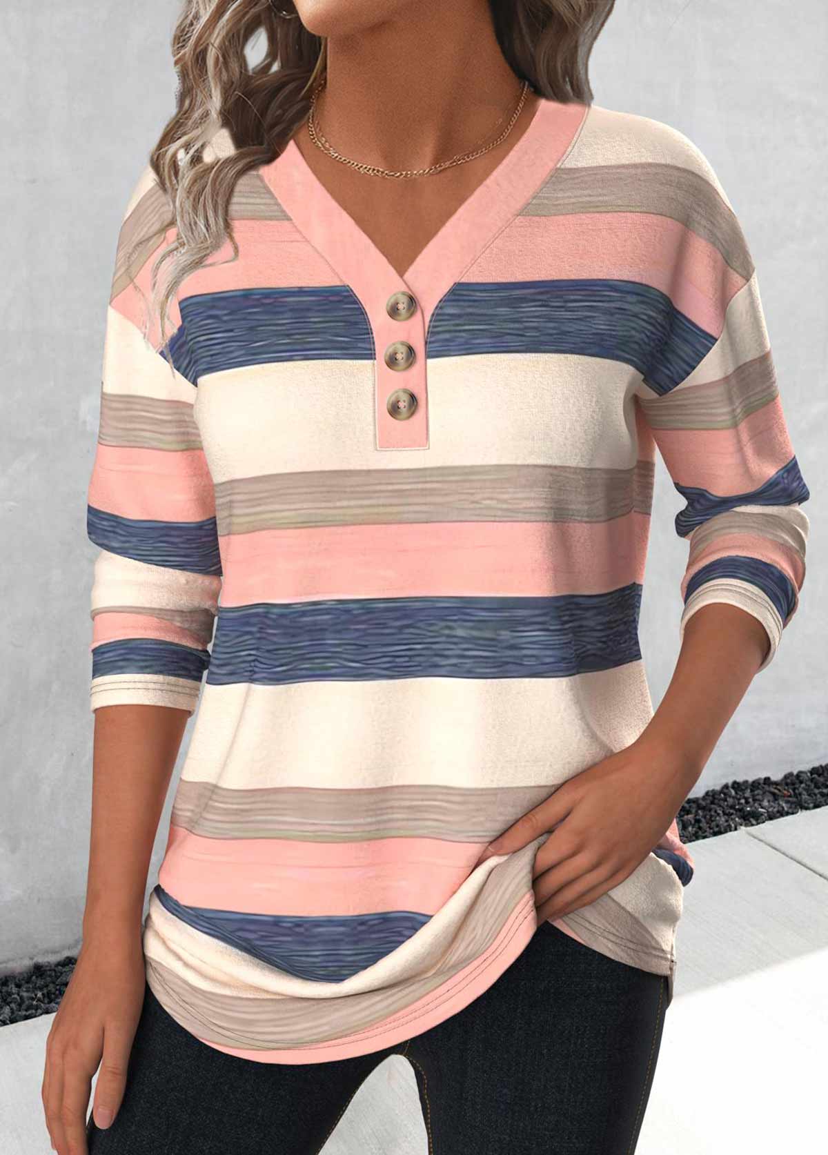 Striped Button Light Pink Long Sleeve T Shirt