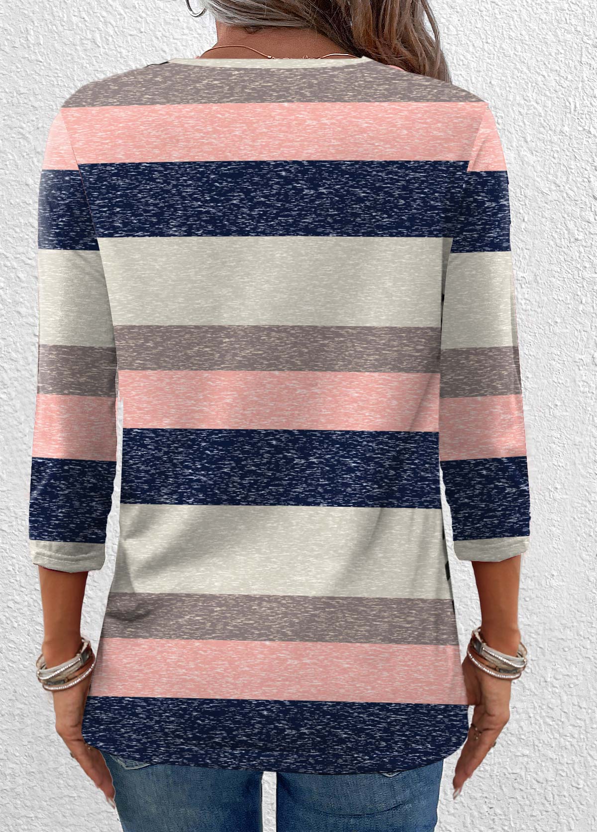 Striped Criss Cross Multi Color 3/4 Sleeve T Shirt