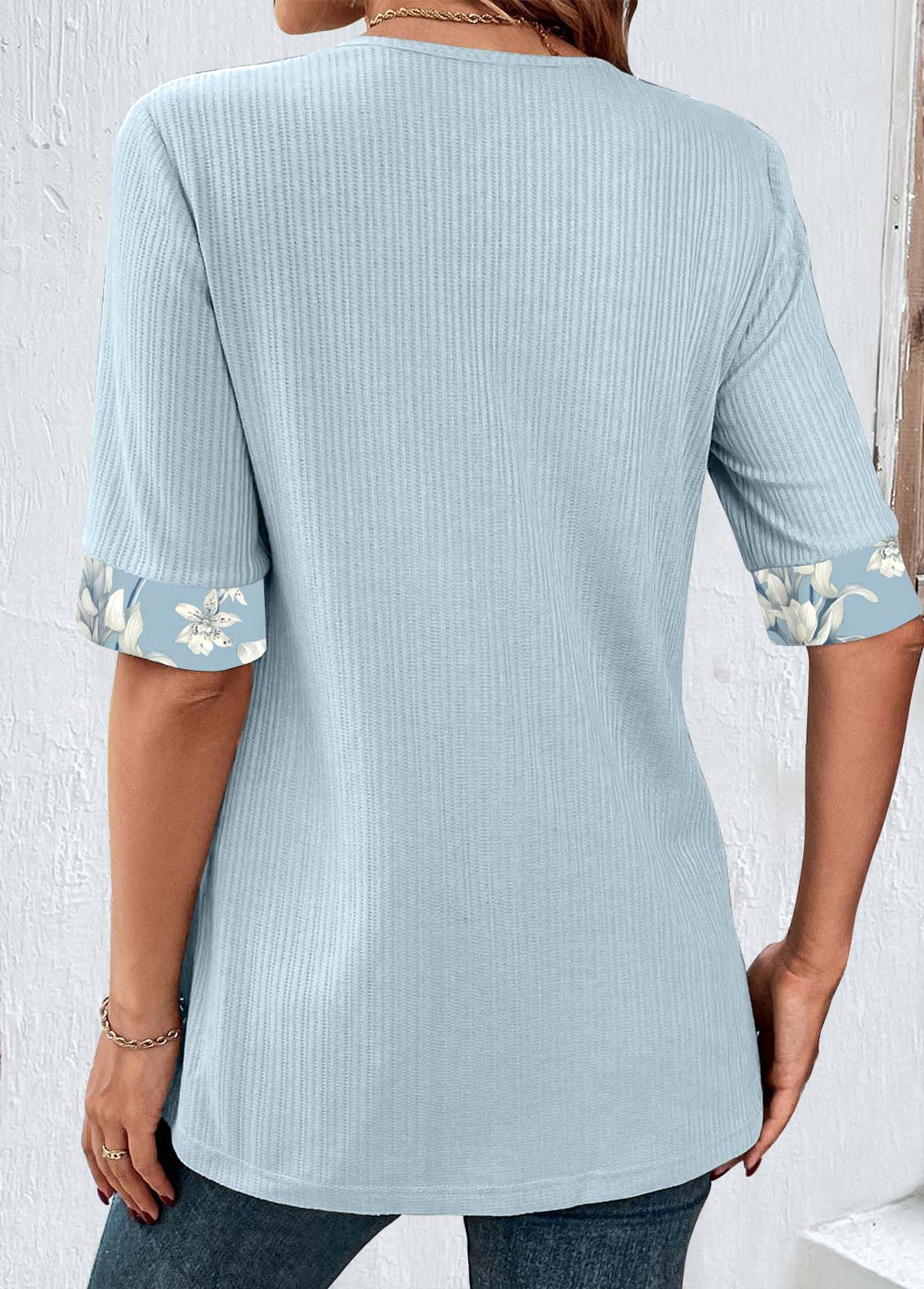 Floral Print Fake 2in1 Light Blue T Shirt