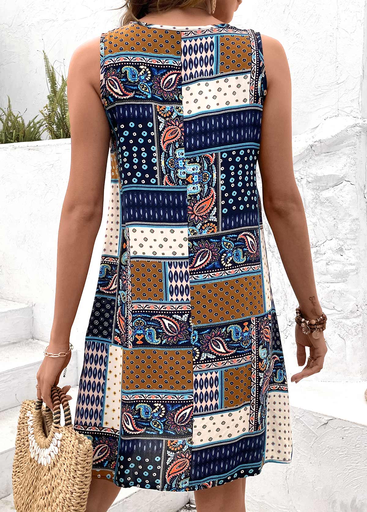 Tribal Print Patchwork Multi Color Short A Line Dress