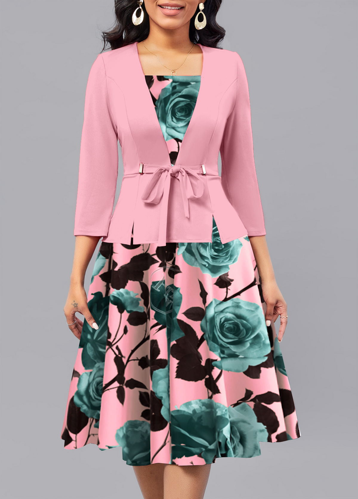 Floral Print Patchwork Pink 3/4 Sleeve Square Neck Dress