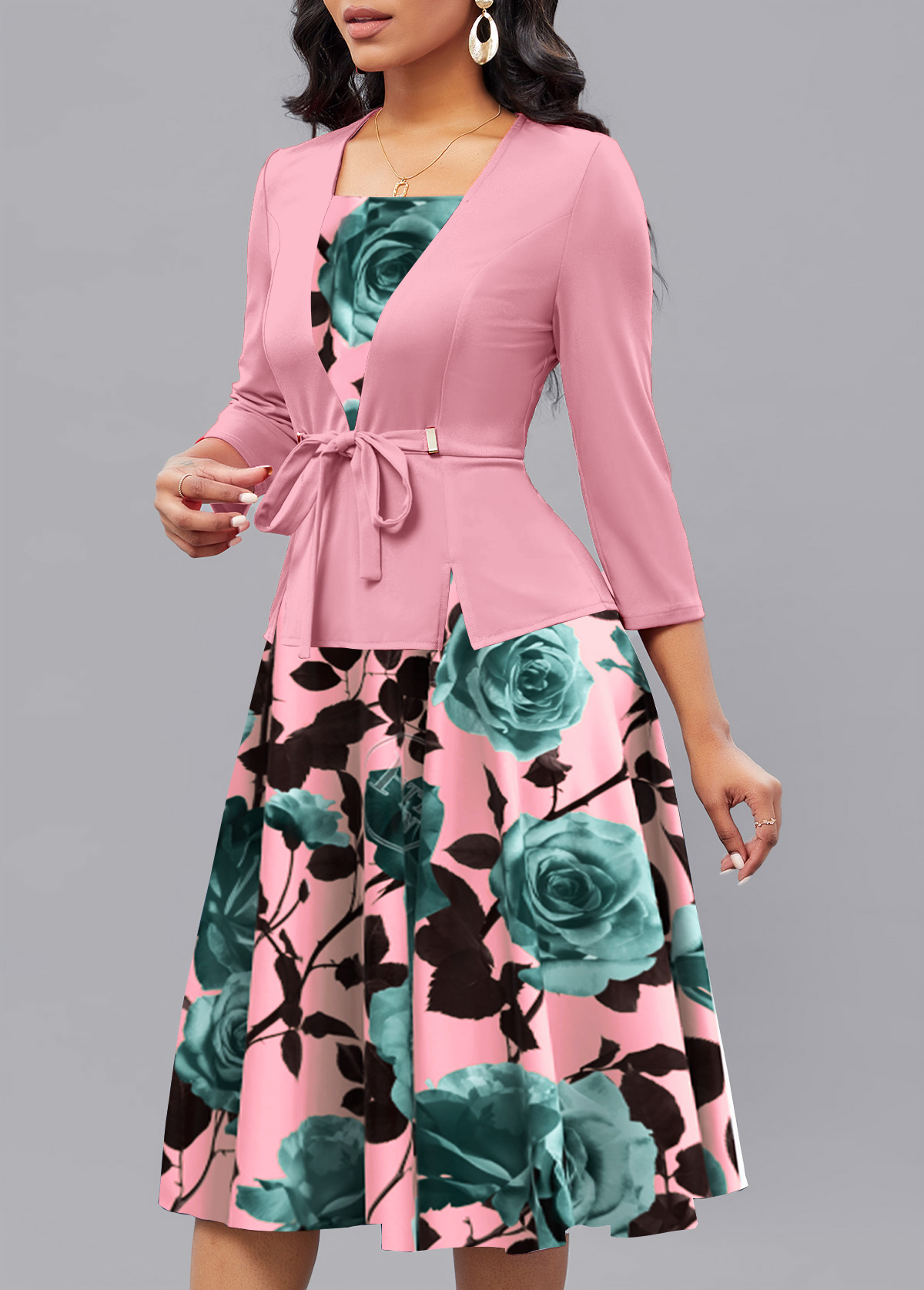Floral Print Patchwork Pink 3/4 Sleeve Square Neck Dress