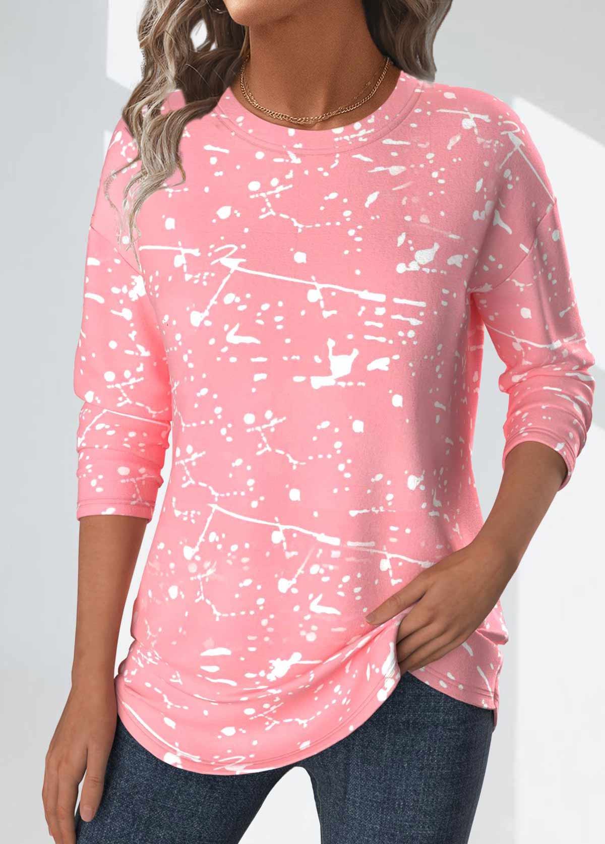 Geometric Print Light Pink Long Sleeve T Shirt