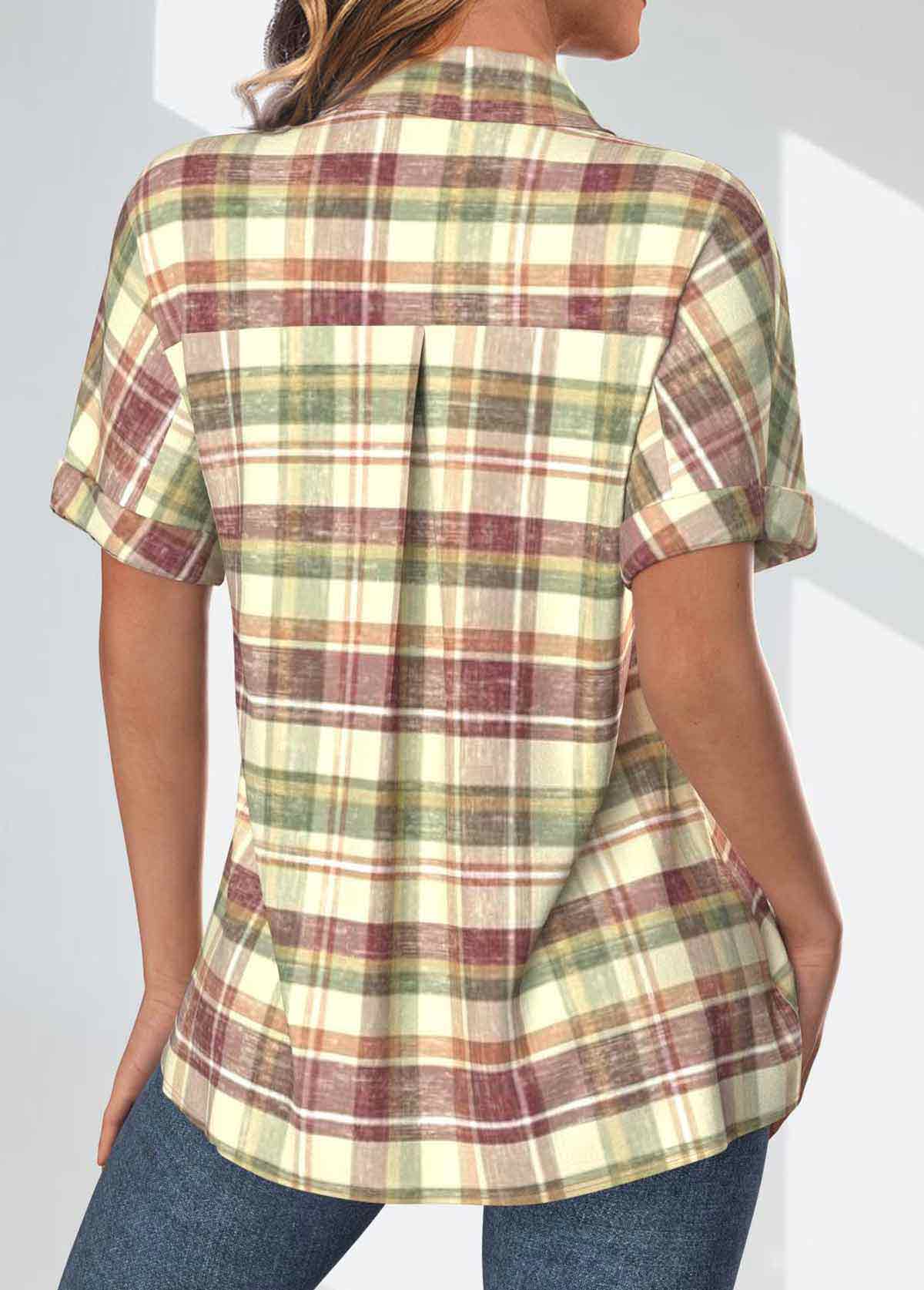 Plaid Pocket Multi Color Short Sleeve Shirt Collar Blouse