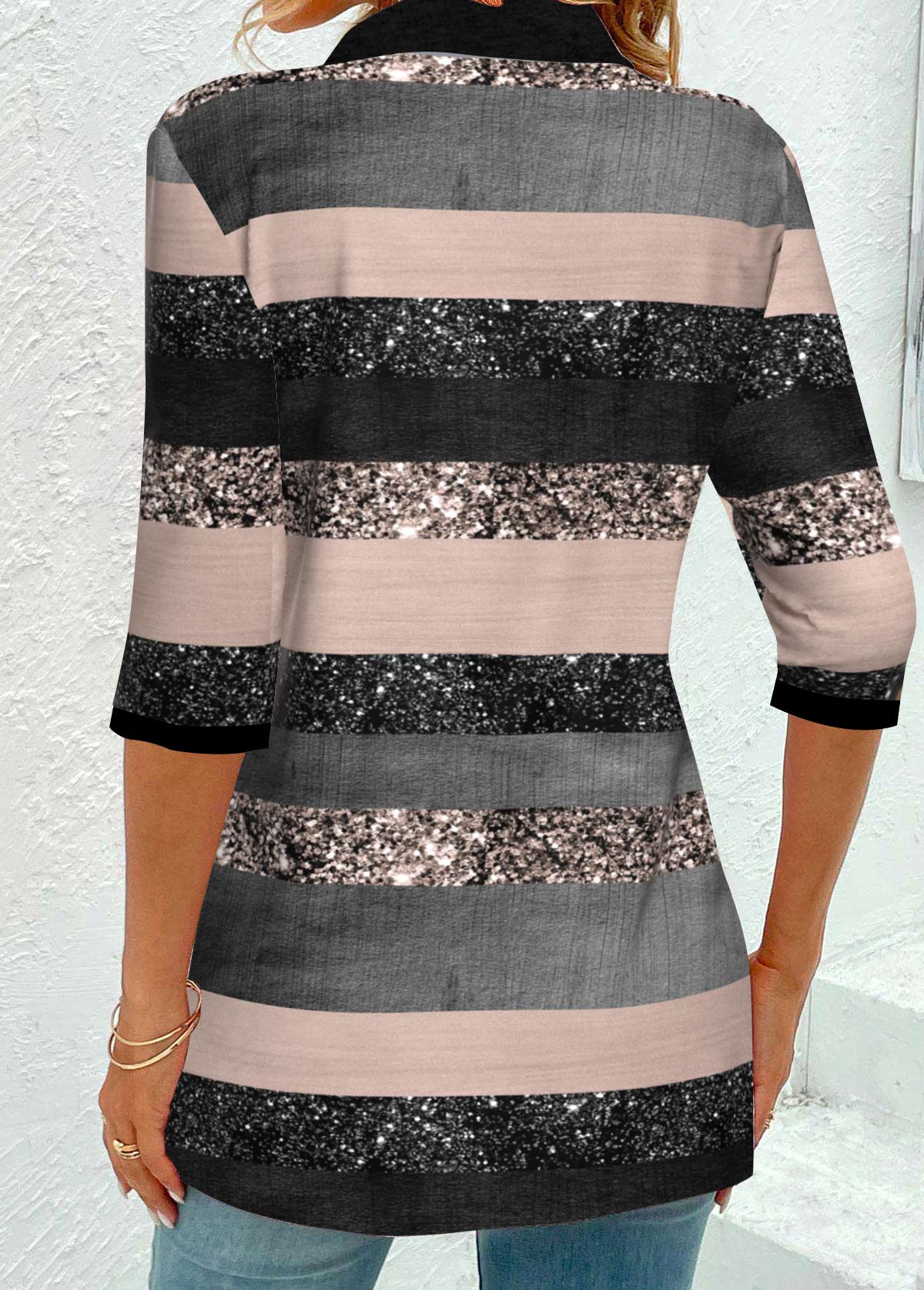 Striped Grommet Multi Color Half Sleeve Shirt Collar Blouse
