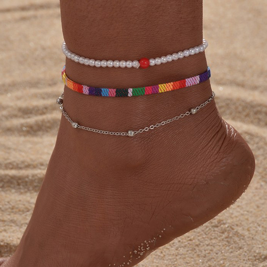 Layered Silvery White Pearl Anklet Set