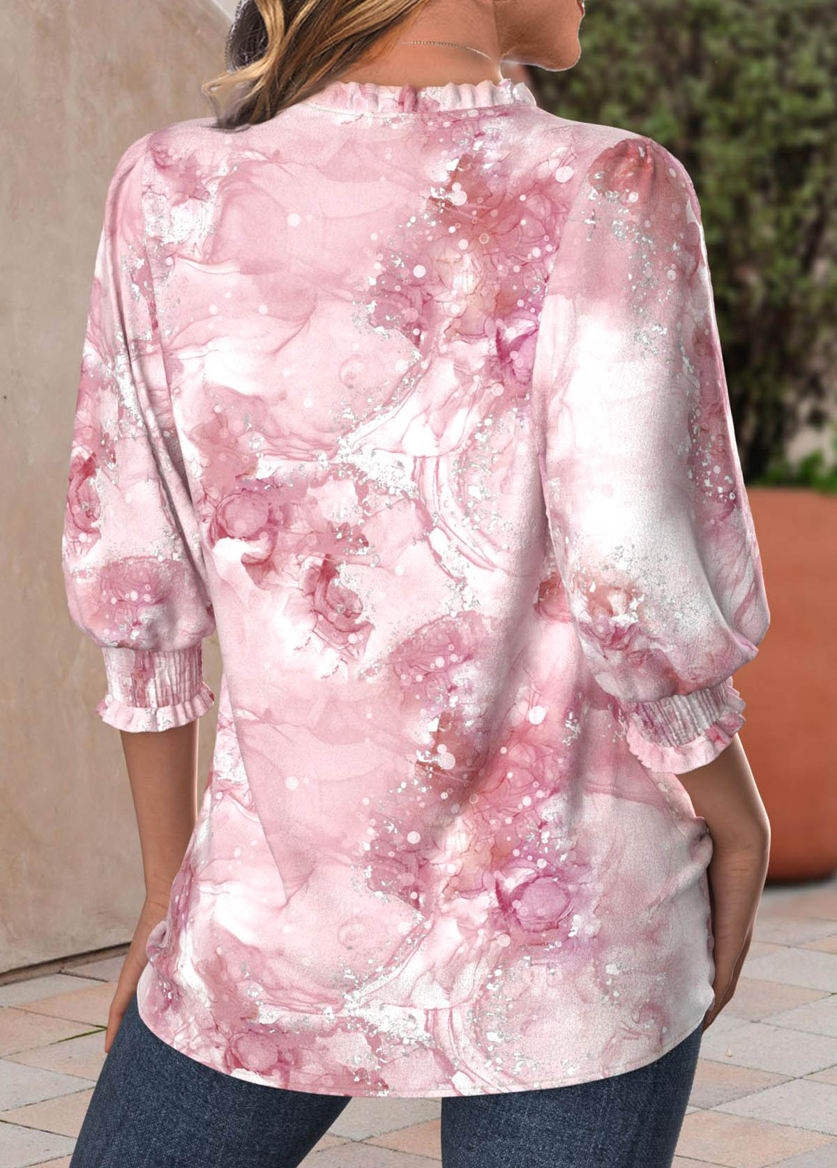 Marble Print Frill Light Pink 3/4 Sleeve Blouse