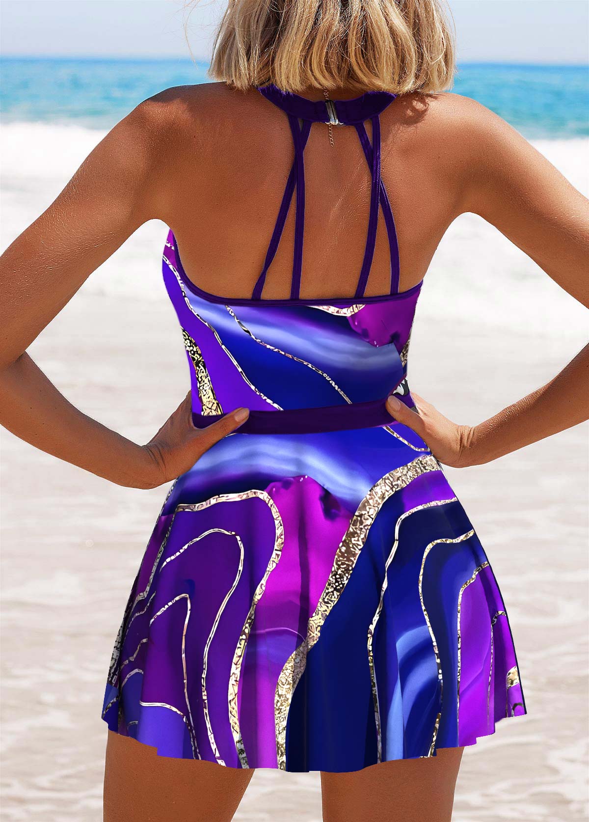 Dazzle Colorful Print Cage Neck Purple Swimdress and Panty