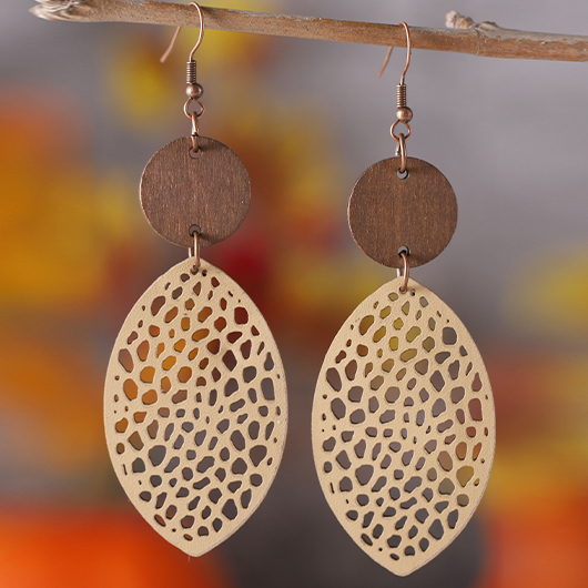 Dark Coffee Leaf Hollow Wood Earrings