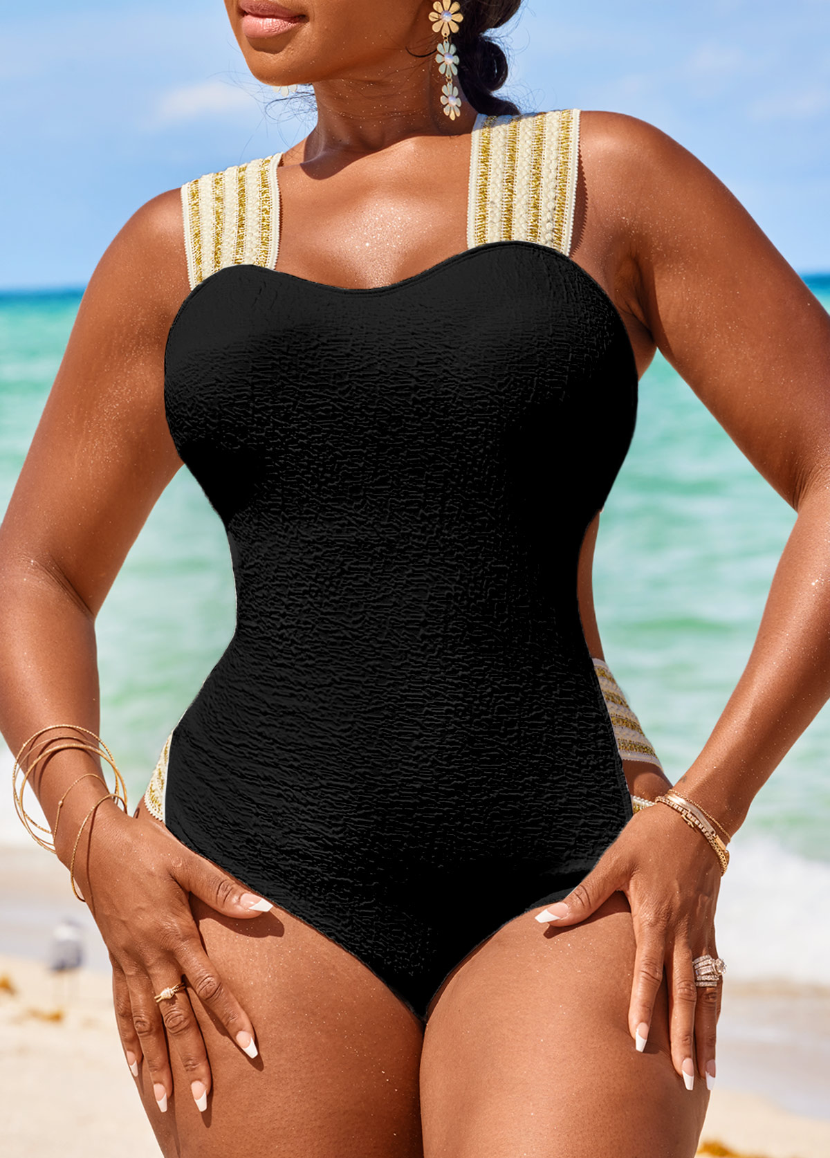 Wide Strap Cut Out Black One Piece Swimwear