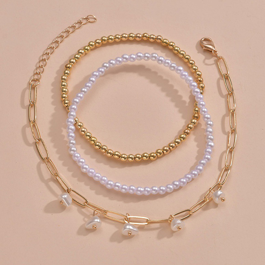 Gold Pearl Alloy Patchwork Layered Anklets