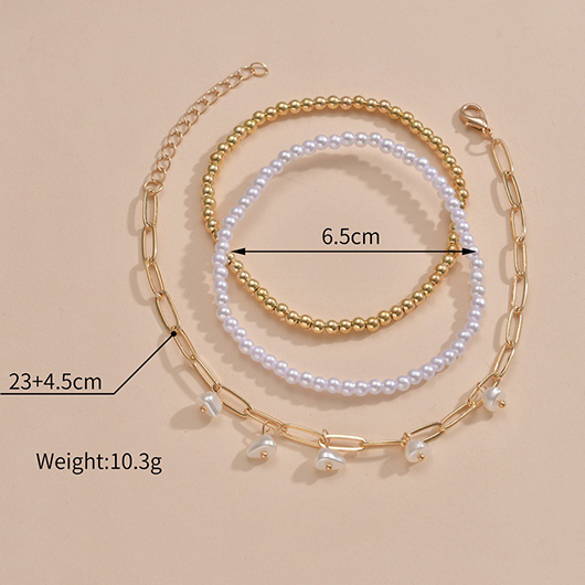 Gold Pearl Alloy Patchwork Layered Anklets