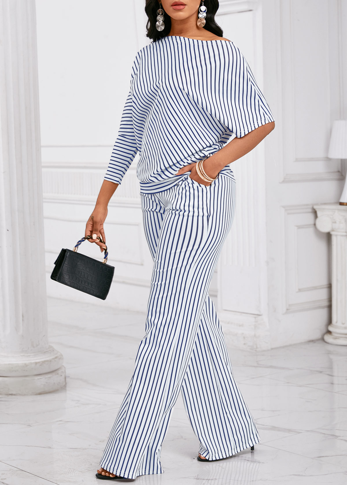 Striped Asymmetry Blue Long Off Shoulder Top and Pants