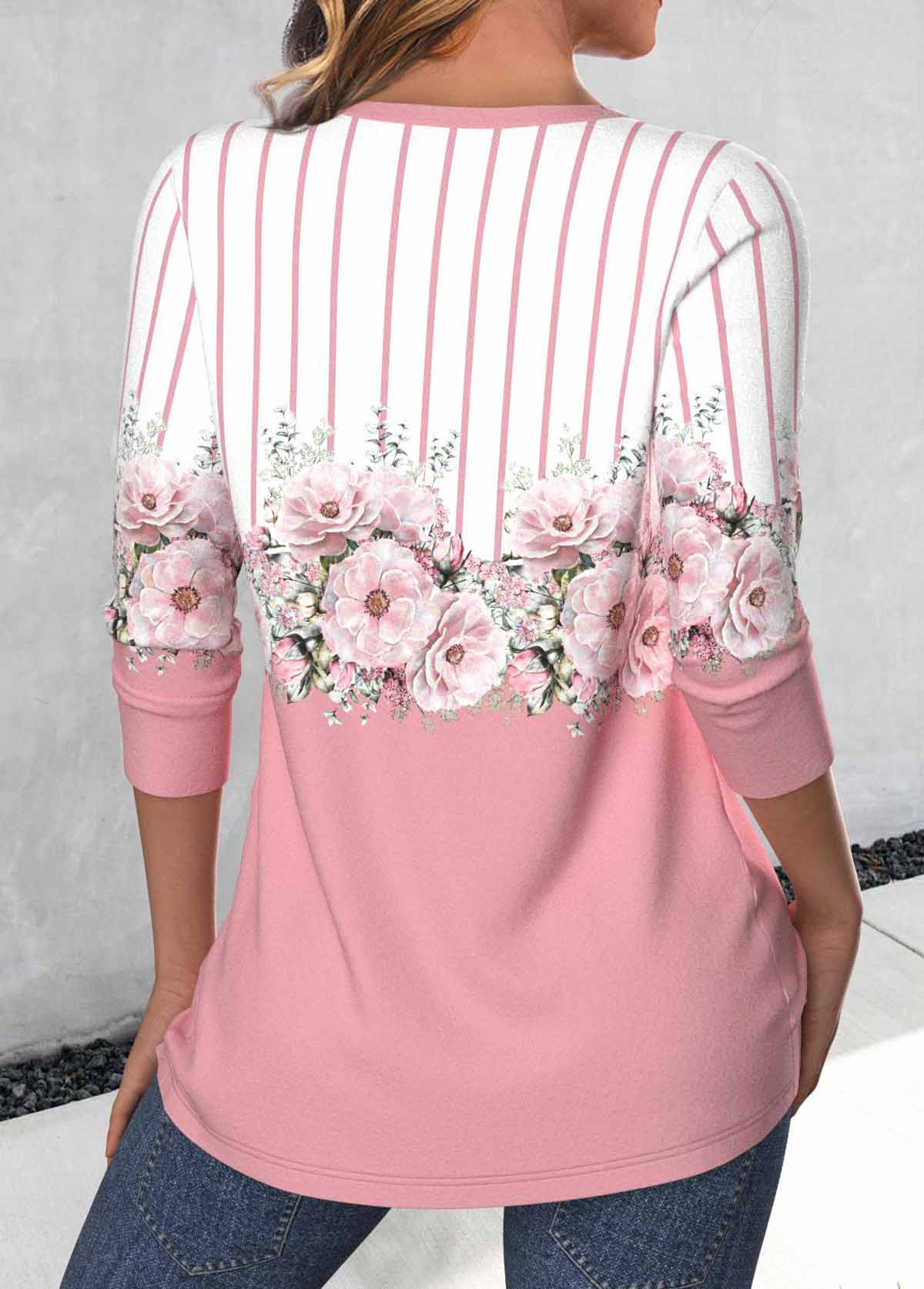 Floral Print Criss Cross Pink Long Sleeve T Shirt