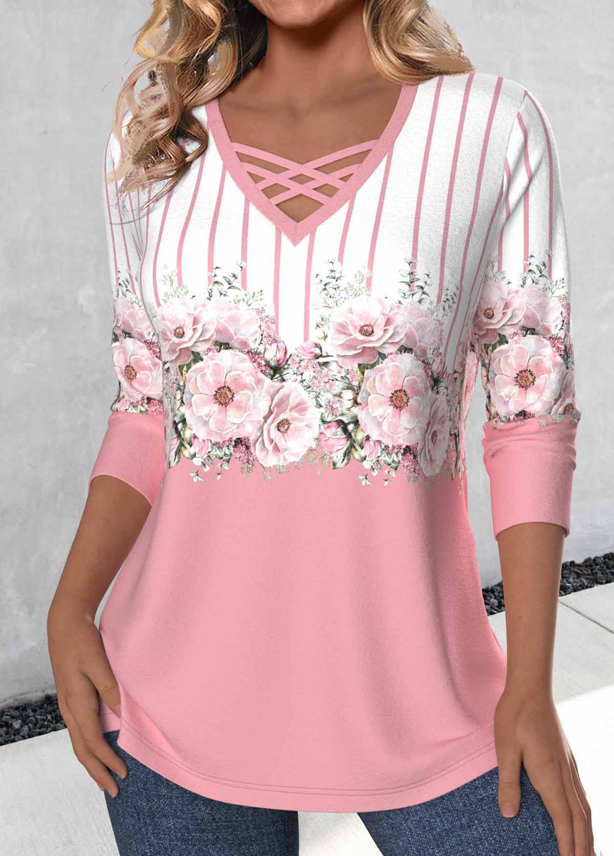 Floral Print Criss Cross Pink Long Sleeve T Shirt