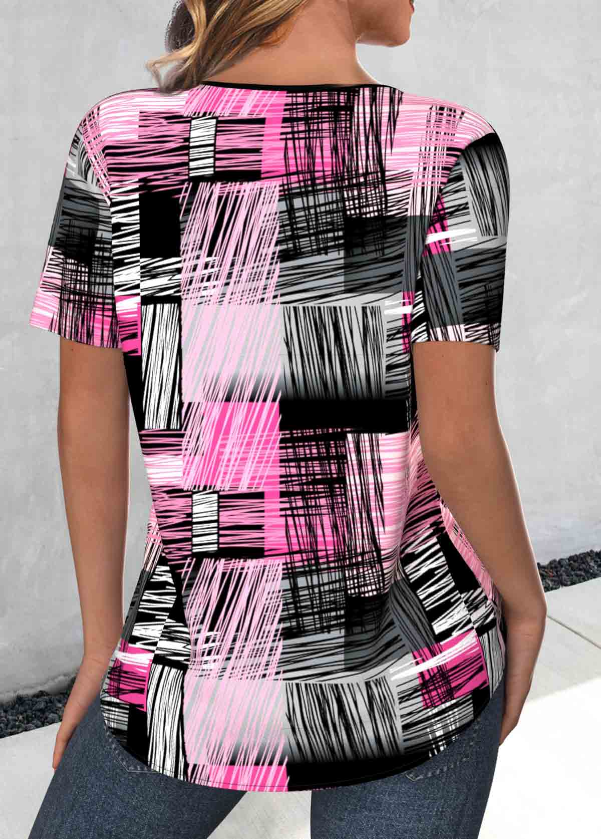 Geometric Print Lace Up Hot Pink T Shirt