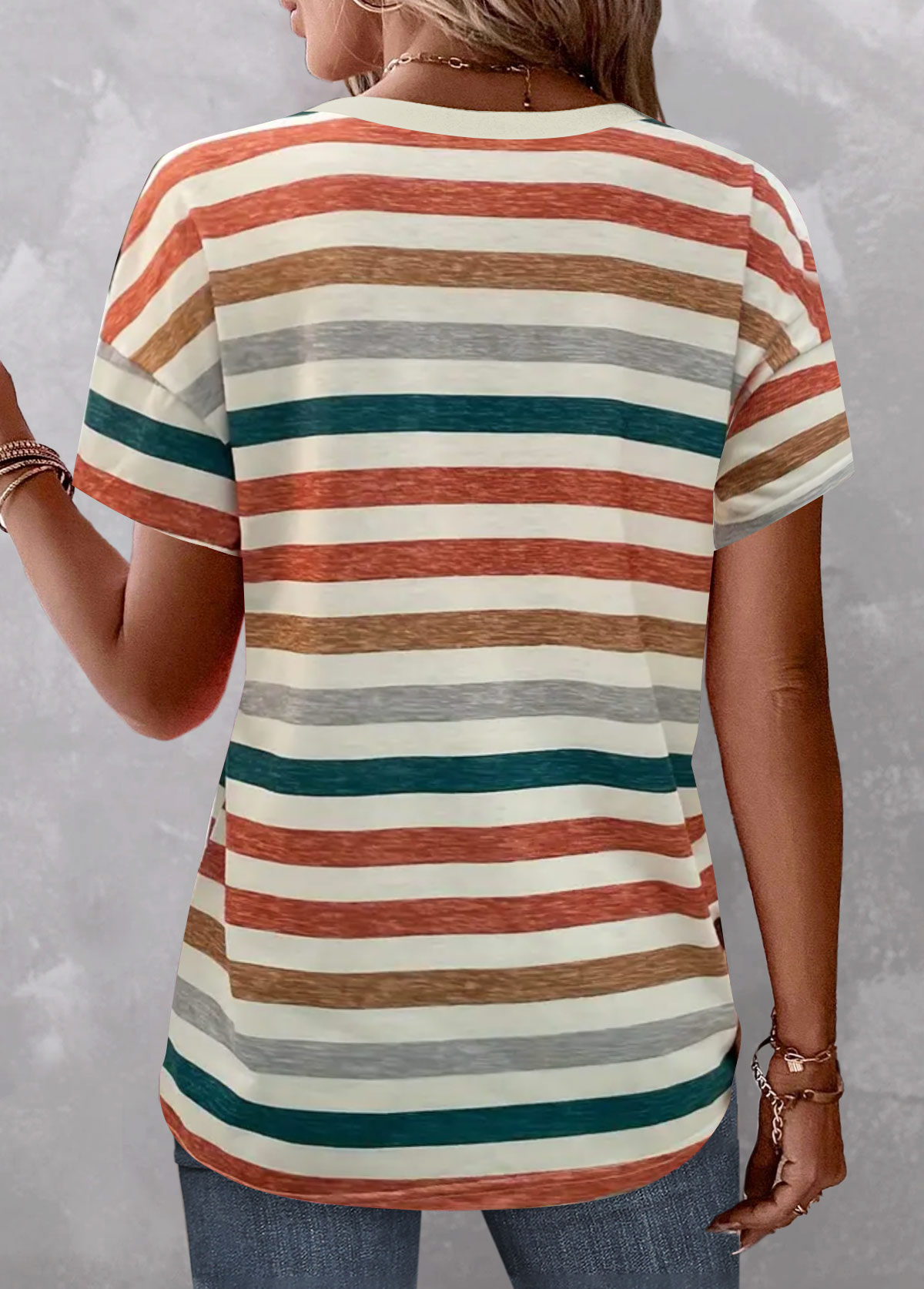 Striped Button Multi Color Short Sleeve T Shirt