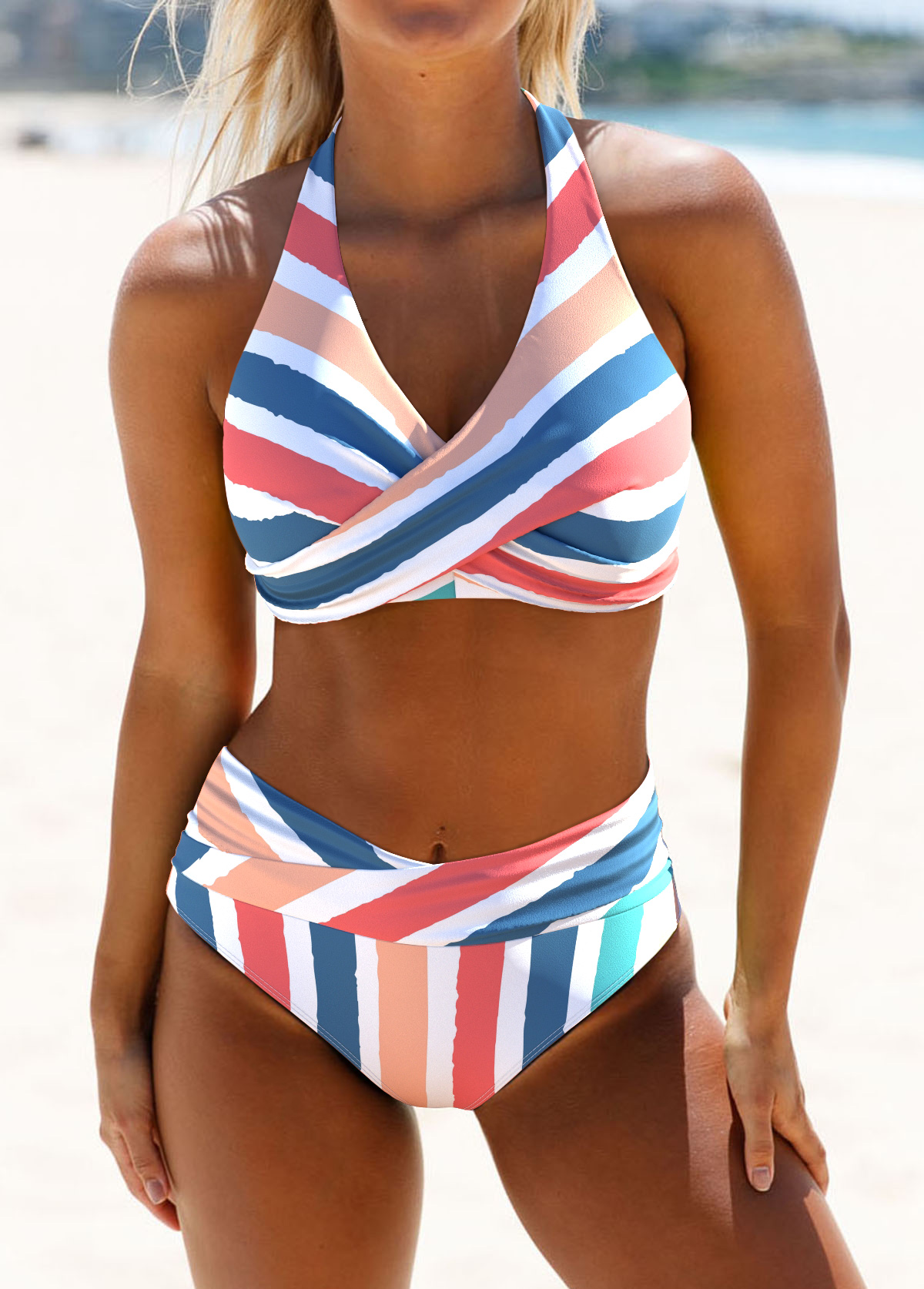 Striped Criss Cross Multi Color Bikini Set