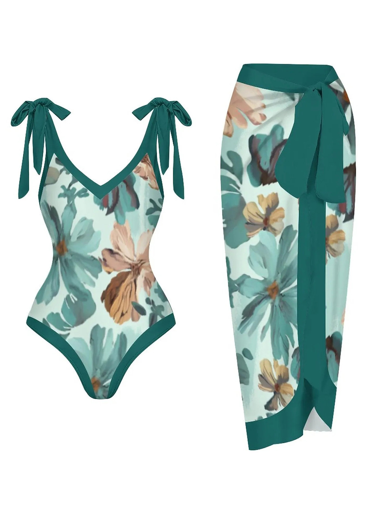 Floral Detail Turquoise One Piece Swimwear and Skirt