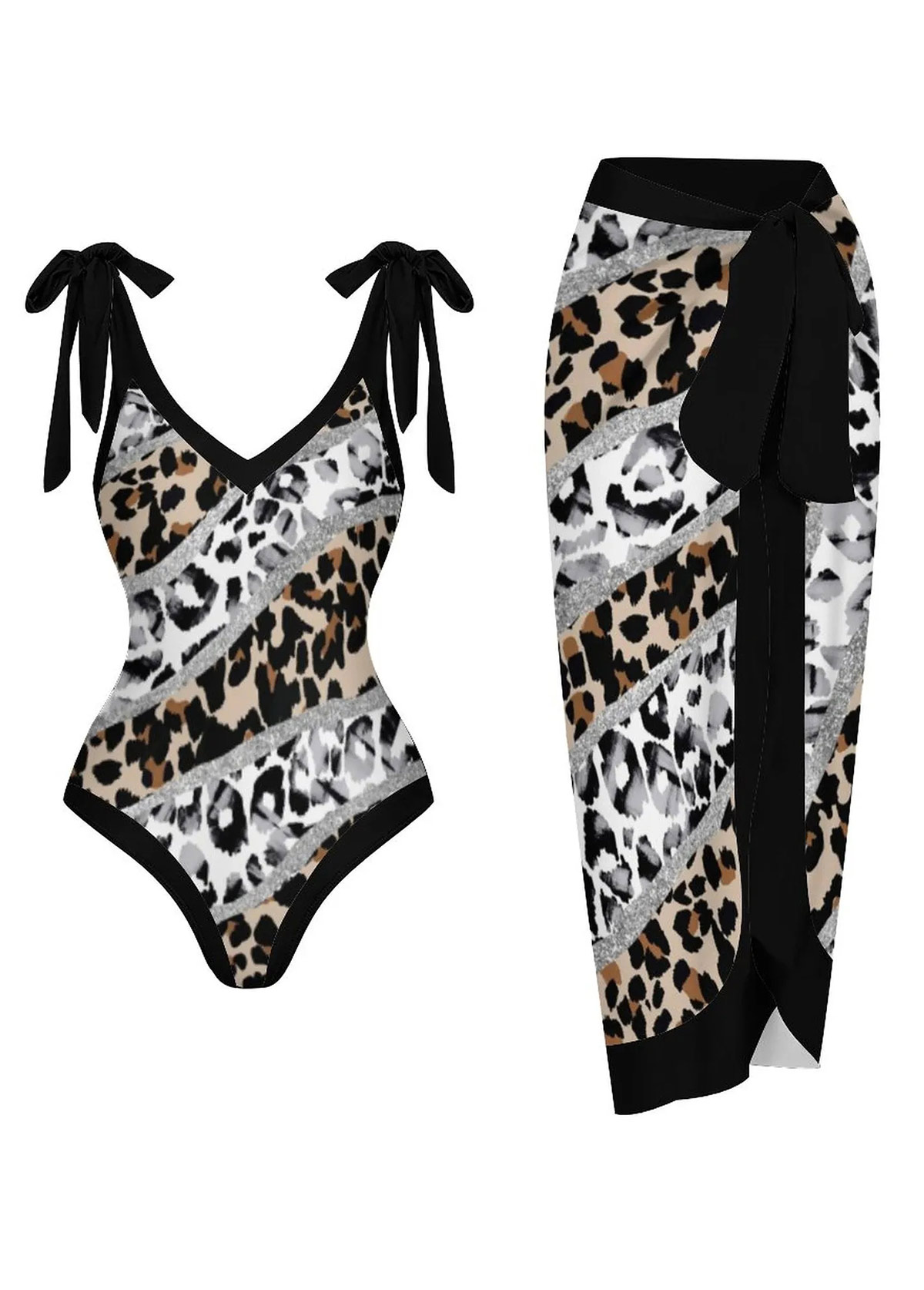 Leopard Black Bnowknot One Piece Swimwear and Skirt