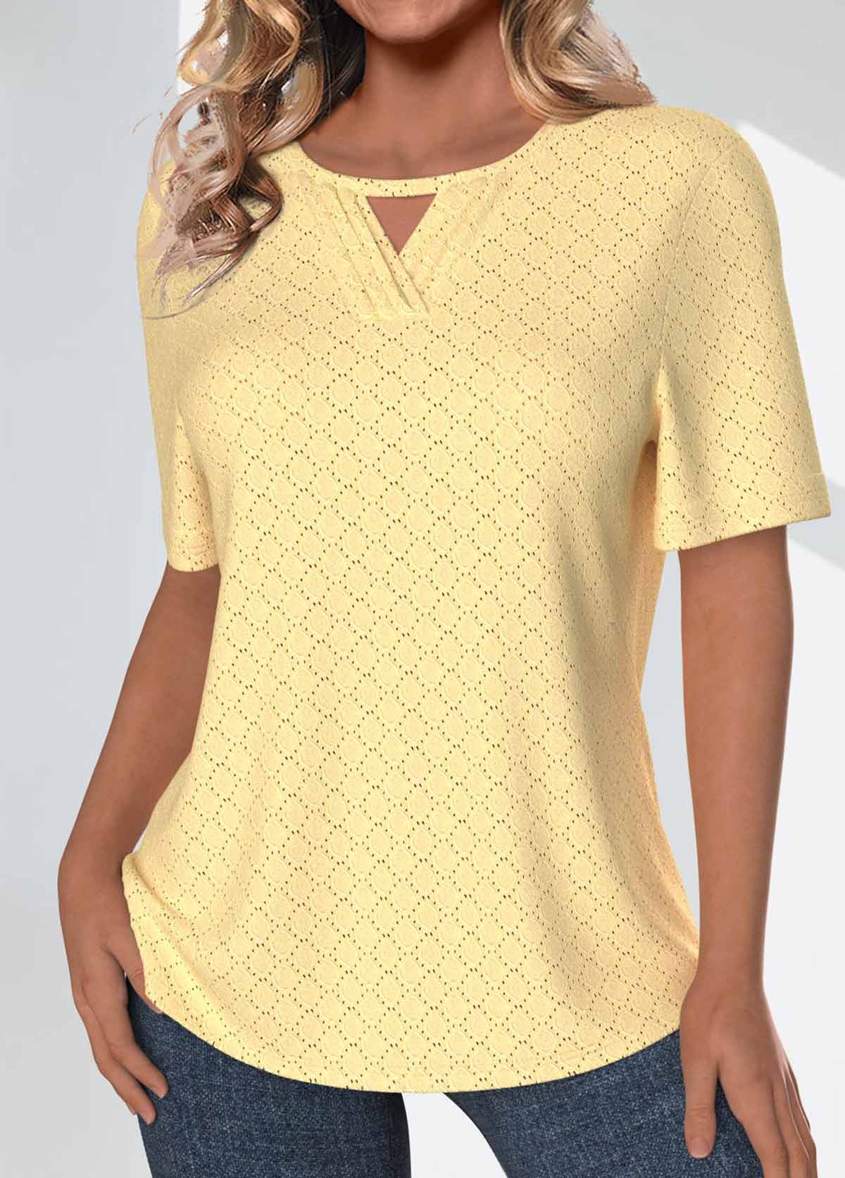Jacquard Light Yellow Short Sleeve Round Neck T Shirt