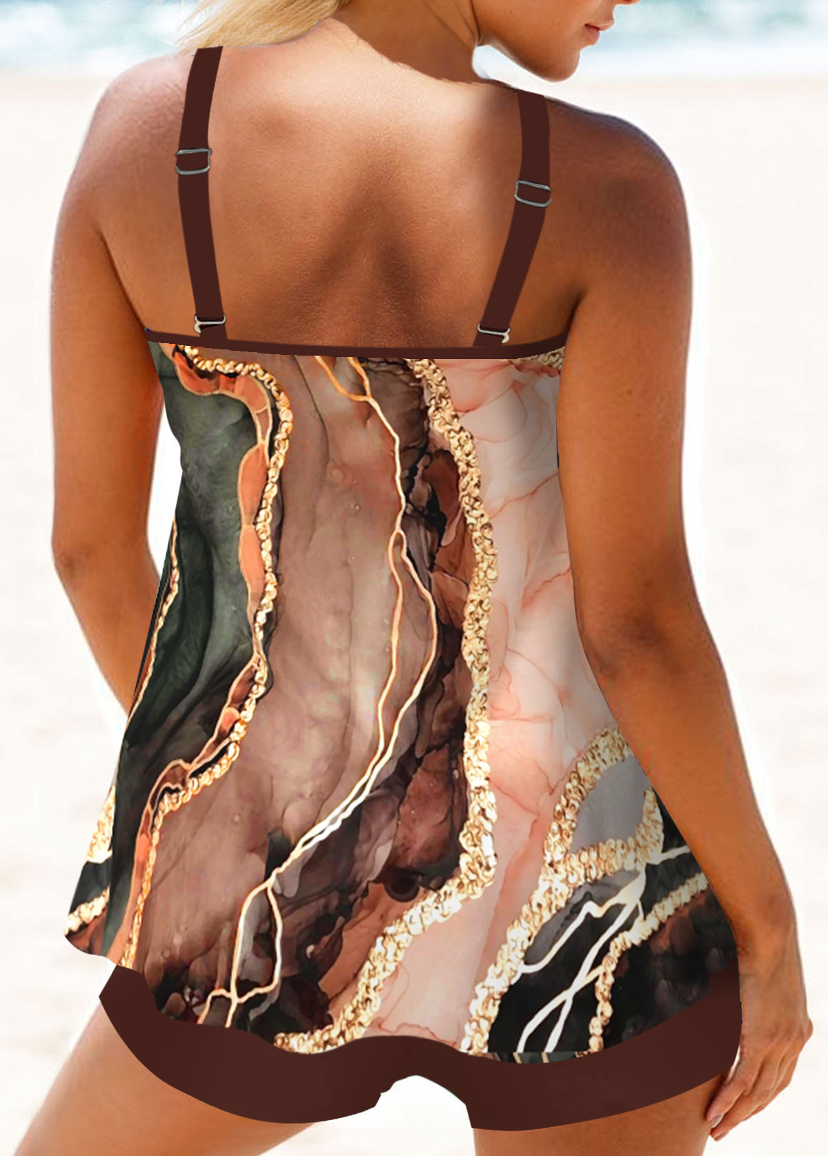 Marble Print Circular Ring Dark Coffee Tankini Set