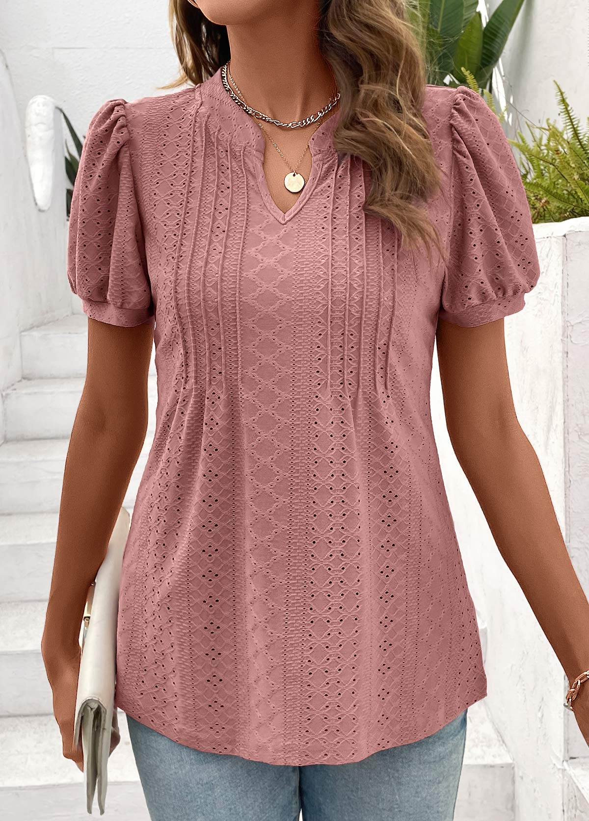 Tuck Stitch Pink Short Sleeve Split Neck T Shirt