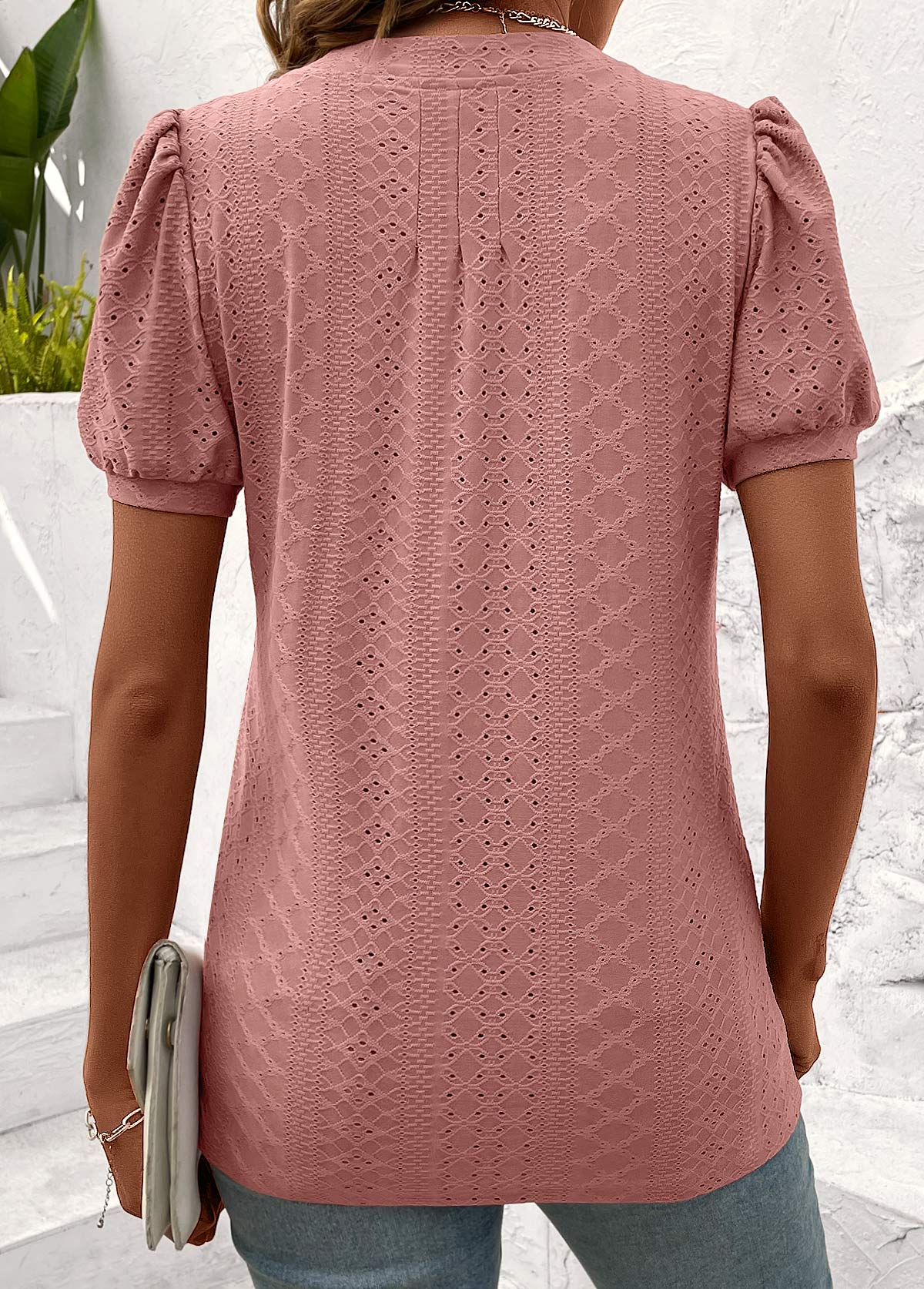 Tuck Stitch Pink Short Sleeve Split Neck T Shirt
