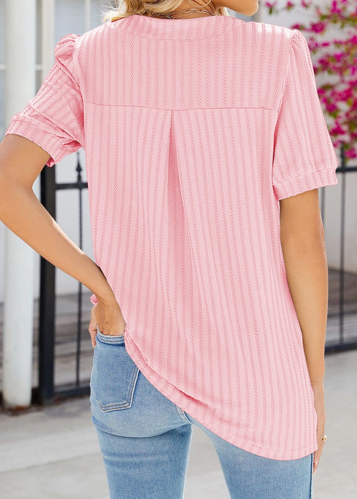 Jacquard Light Pink Short Sleeve Split Neck T Shirt