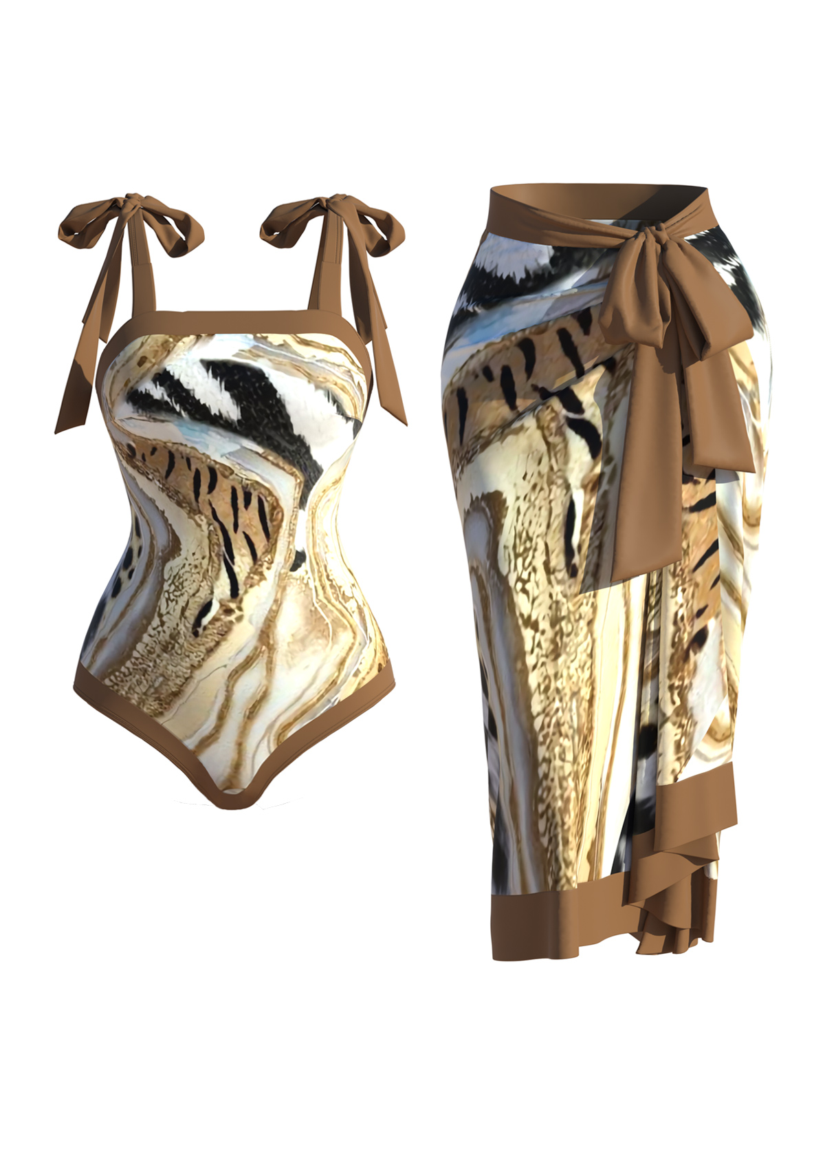 Tie Marble Print Dark Camel One Piece Swimwear | Rosewe.com - USD $35.98