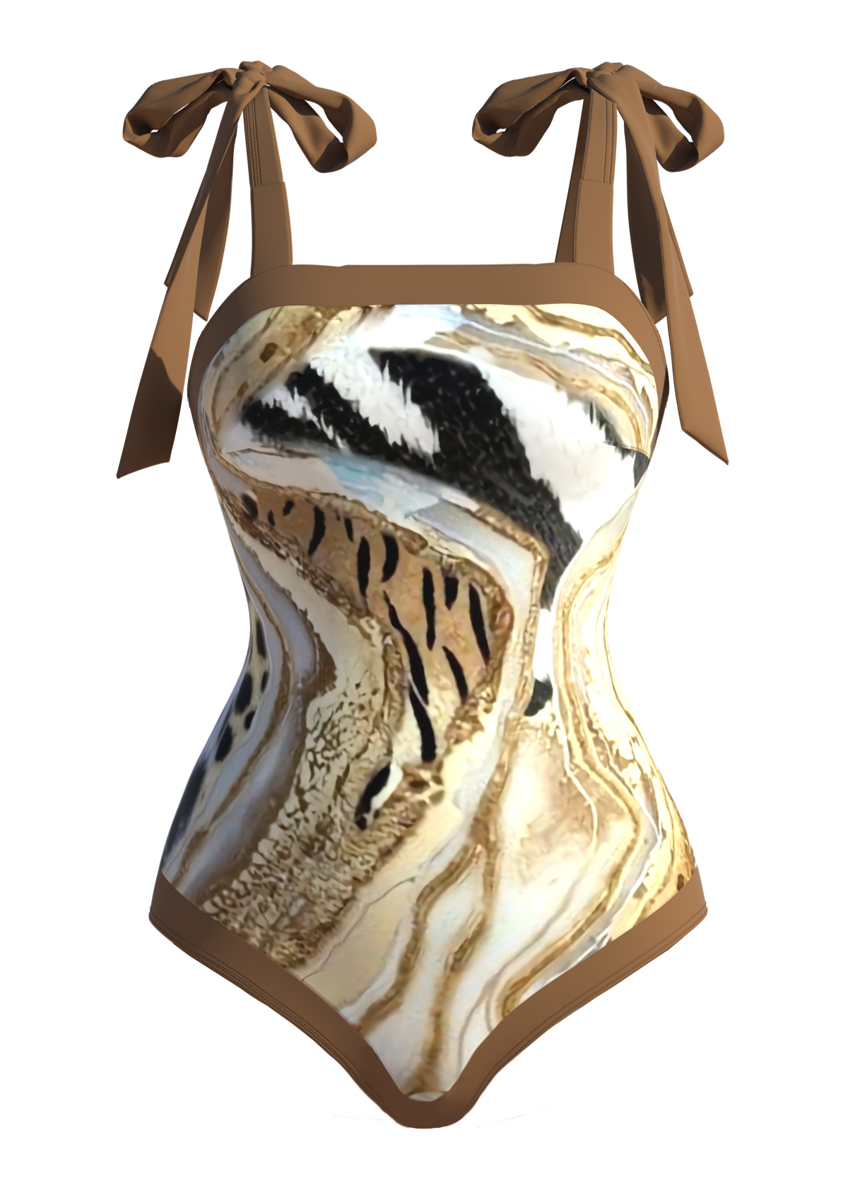 Tie Marble Print Dark Camel One Piece Swimwear | Rosewe.com - USD $35.98