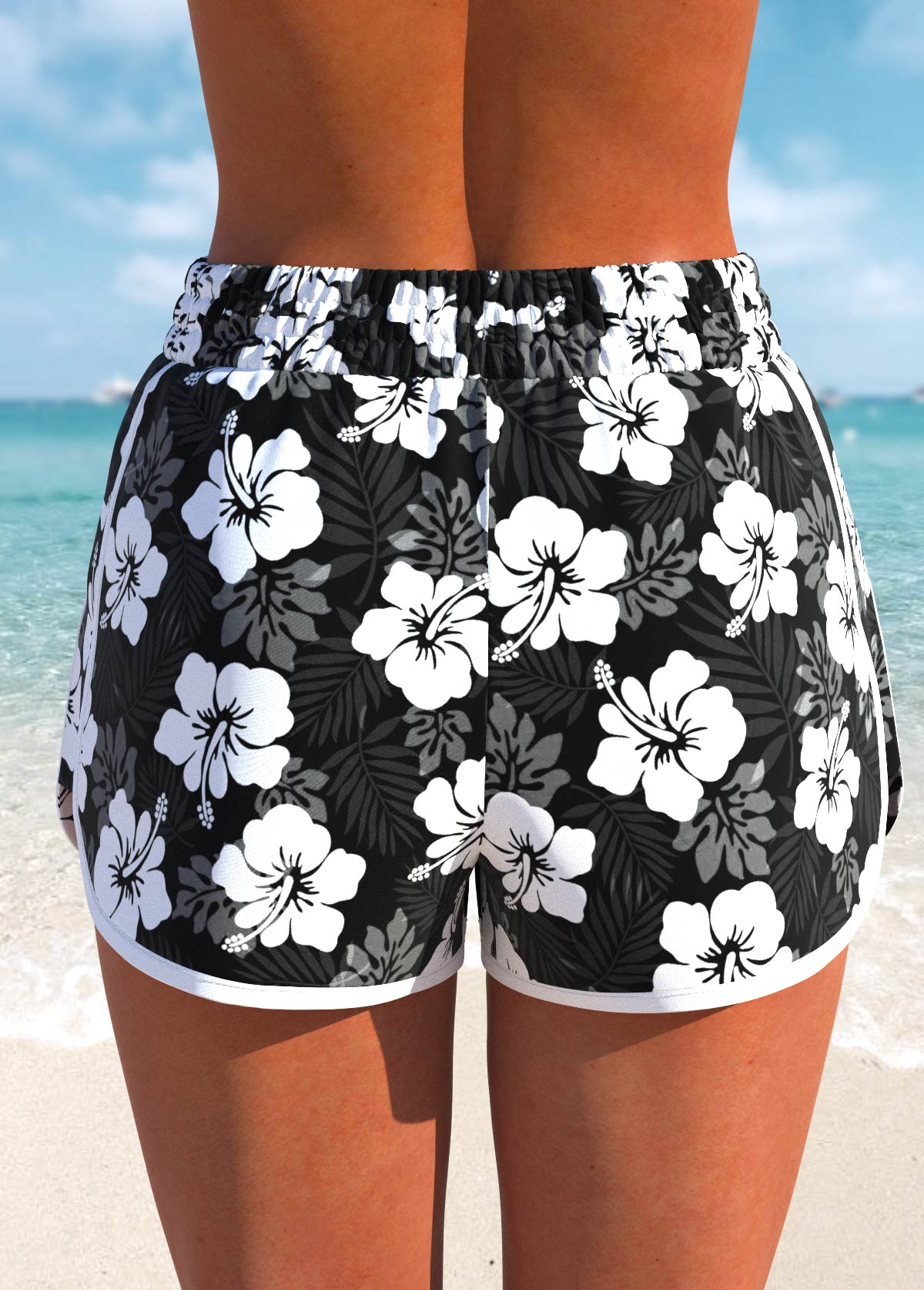 Tie High Waisted Floral Print Black Swim Shorts