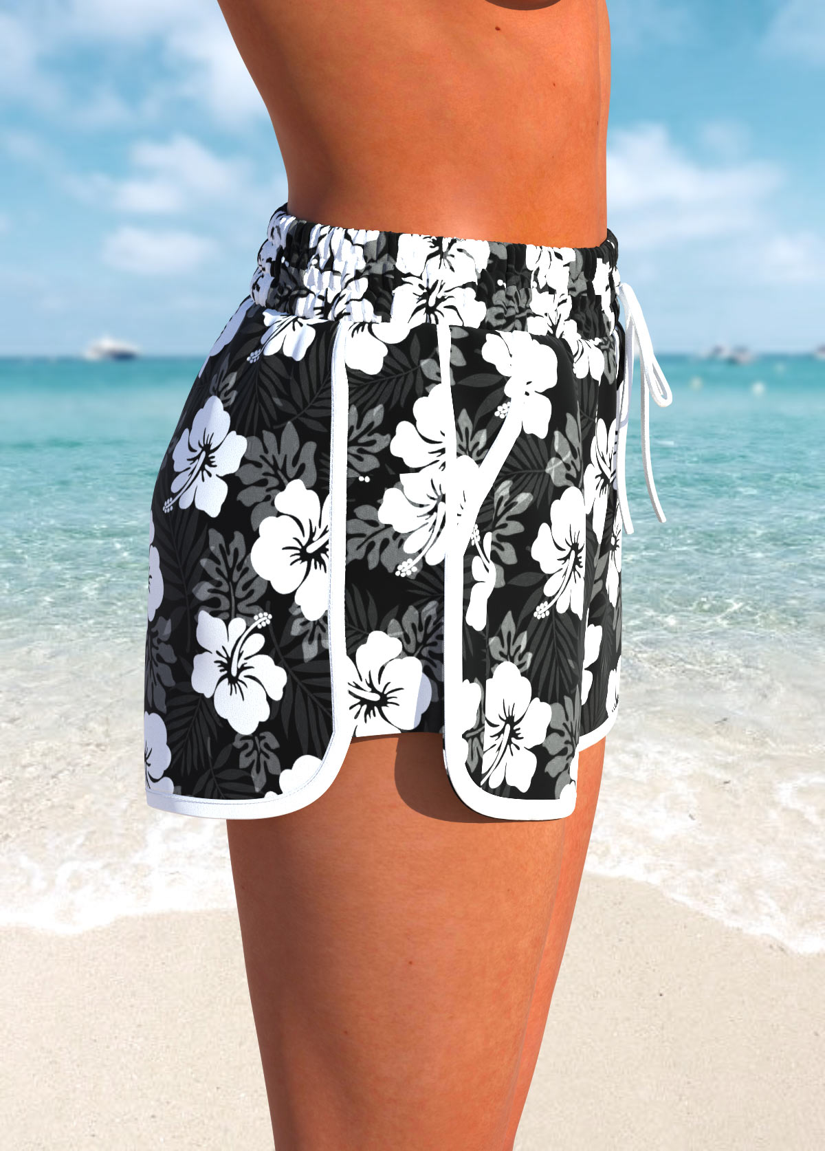 Tie High Waisted Floral Print Black Swim Shorts