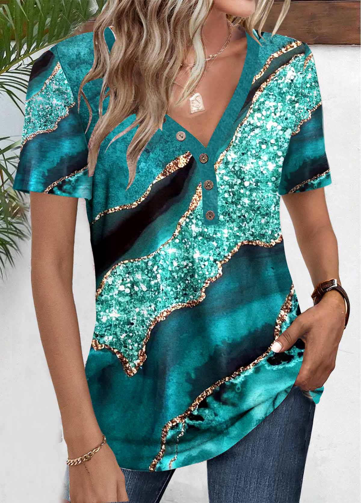Marble Print Button Turquoise Short Sleeve T Shirt