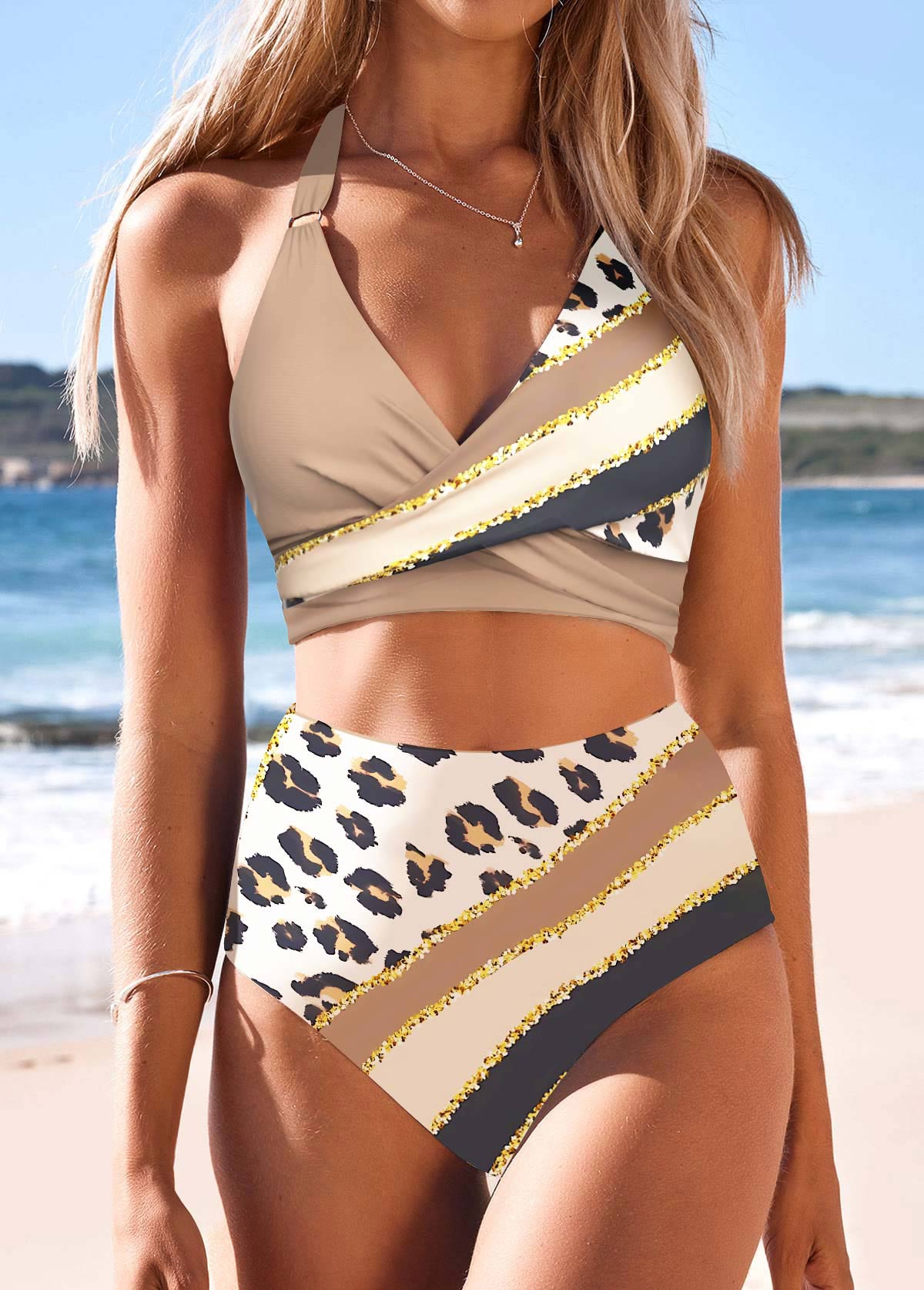 Leopard Surplice Light Camel Bikini Set