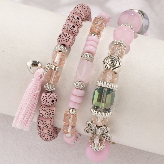Pink Butterfly Glass Beaded Bracelet Set