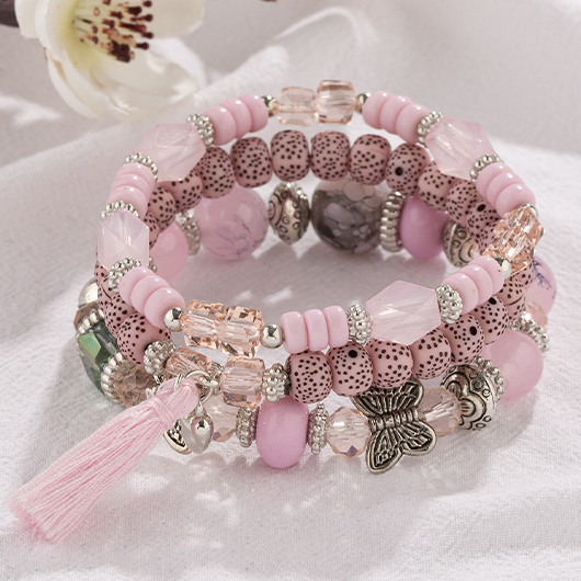 Pink Butterfly Glass Beaded Bracelet Set