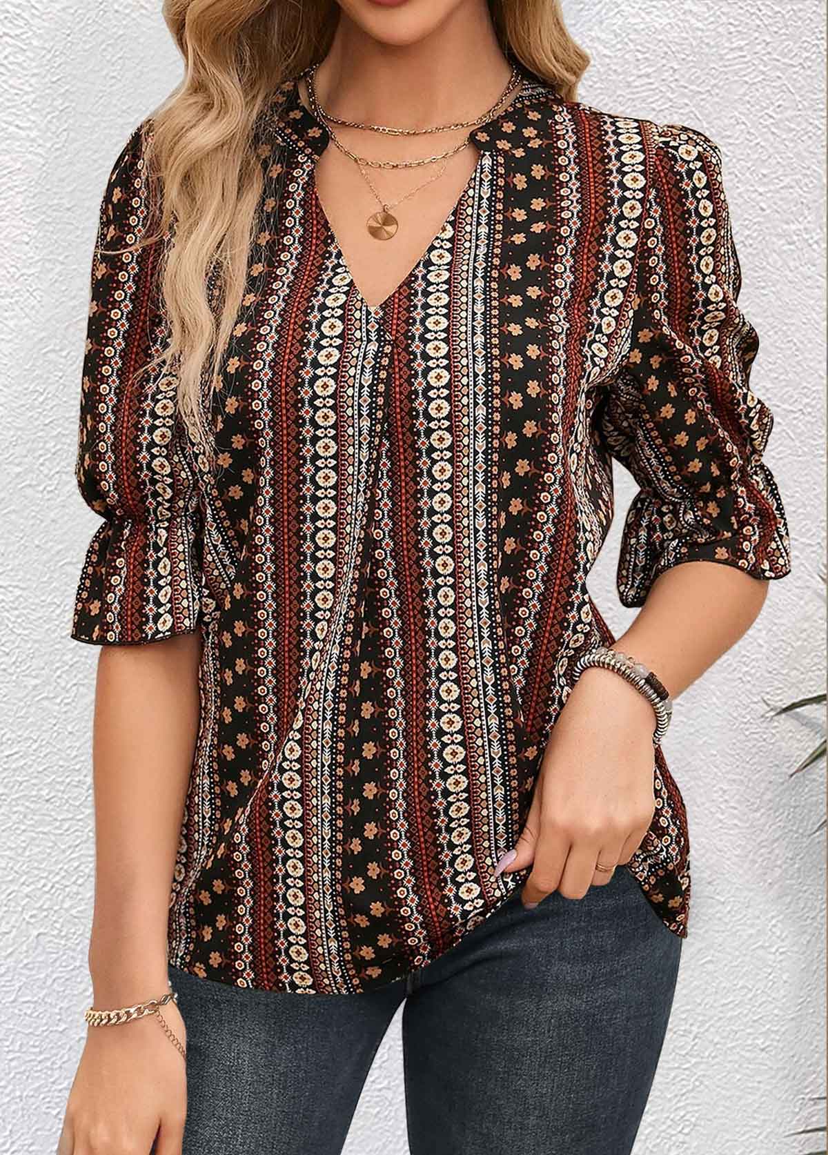 Tribal Print Ruched Multi Color Half Sleeve Blouse
