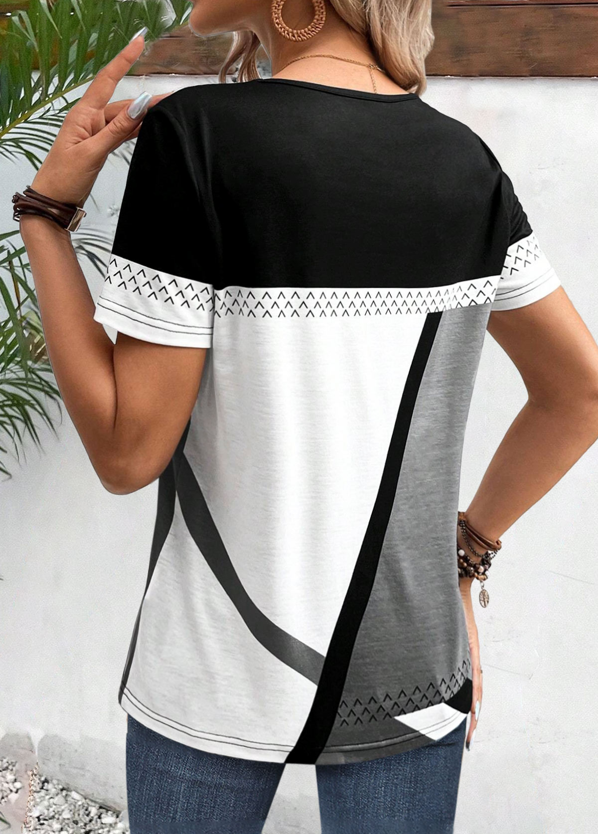Geometric Print Patchwork Black Short Sleeve T Shirt