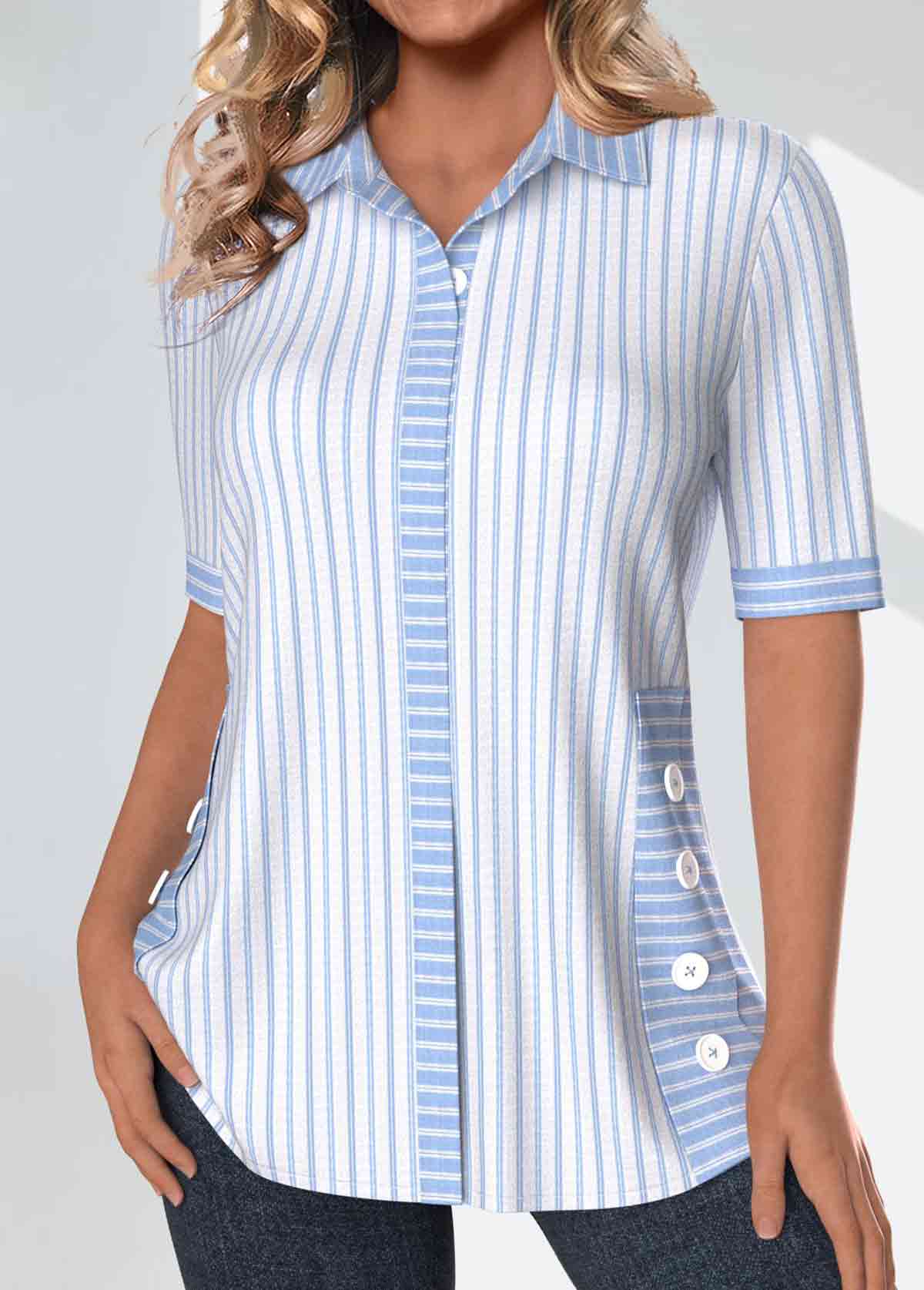 Striped Patchwork Light Blue Half Sleeve Shirt Collar Blouse