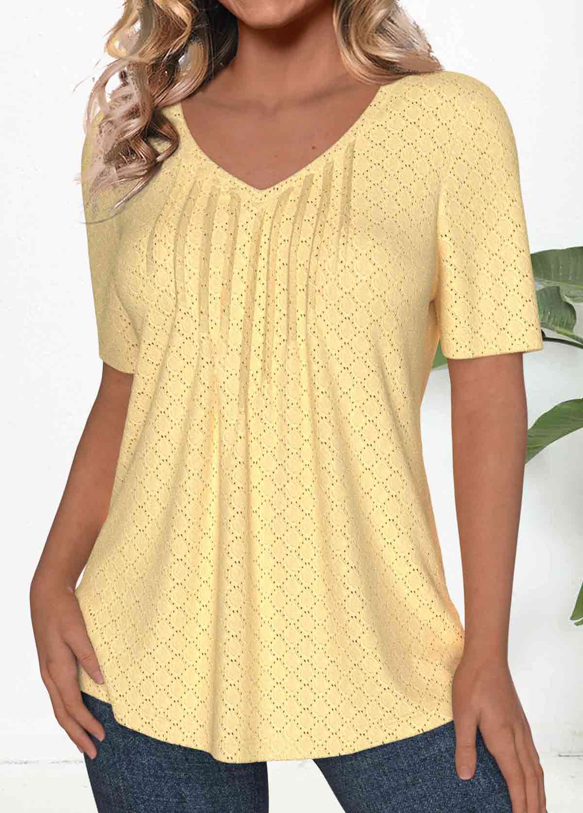 Textured Fabric Light Yellow Short Sleeve T Shirt