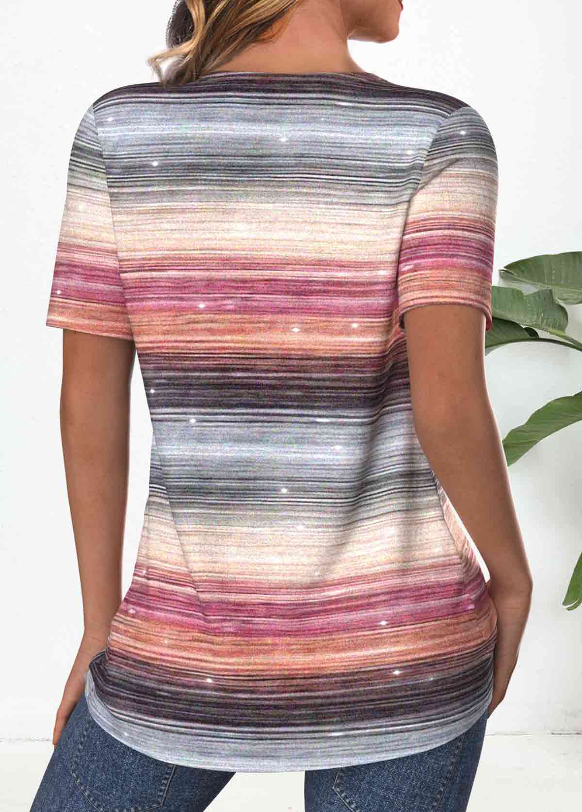 Striped Criss Cross Multi Color Short Sleeve T Shirt